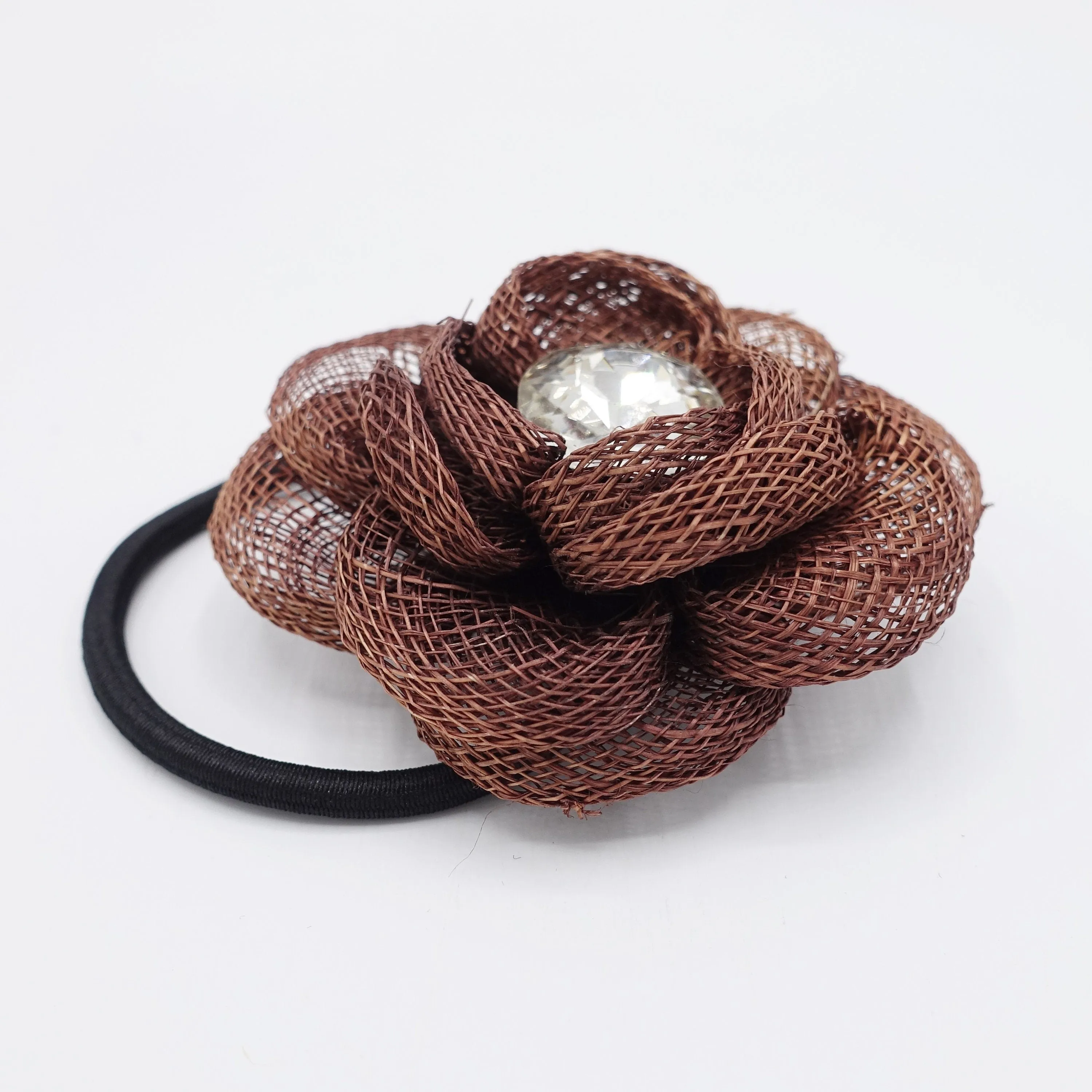 jute camelia hair tie flower ponytail holder