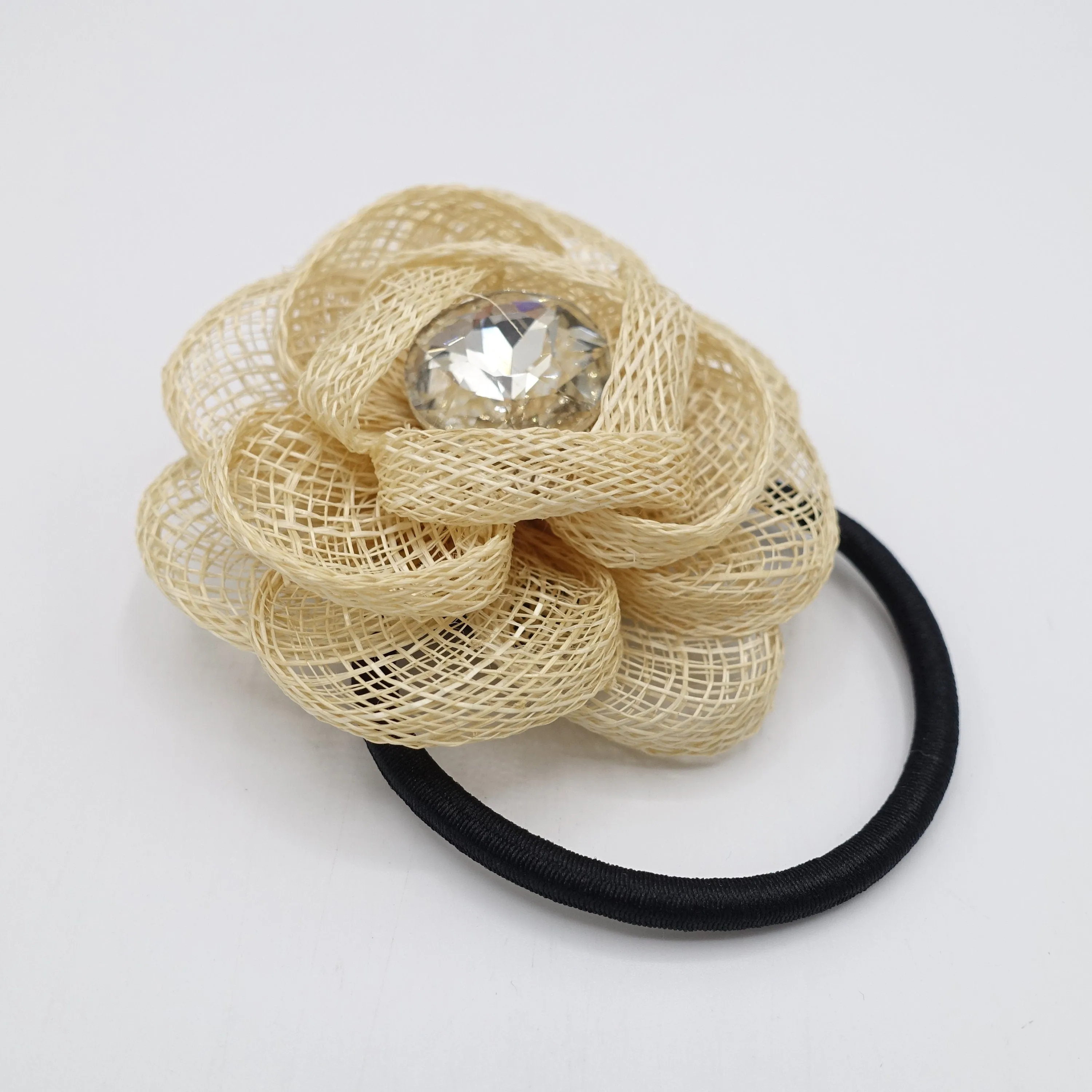 jute camelia hair tie flower ponytail holder