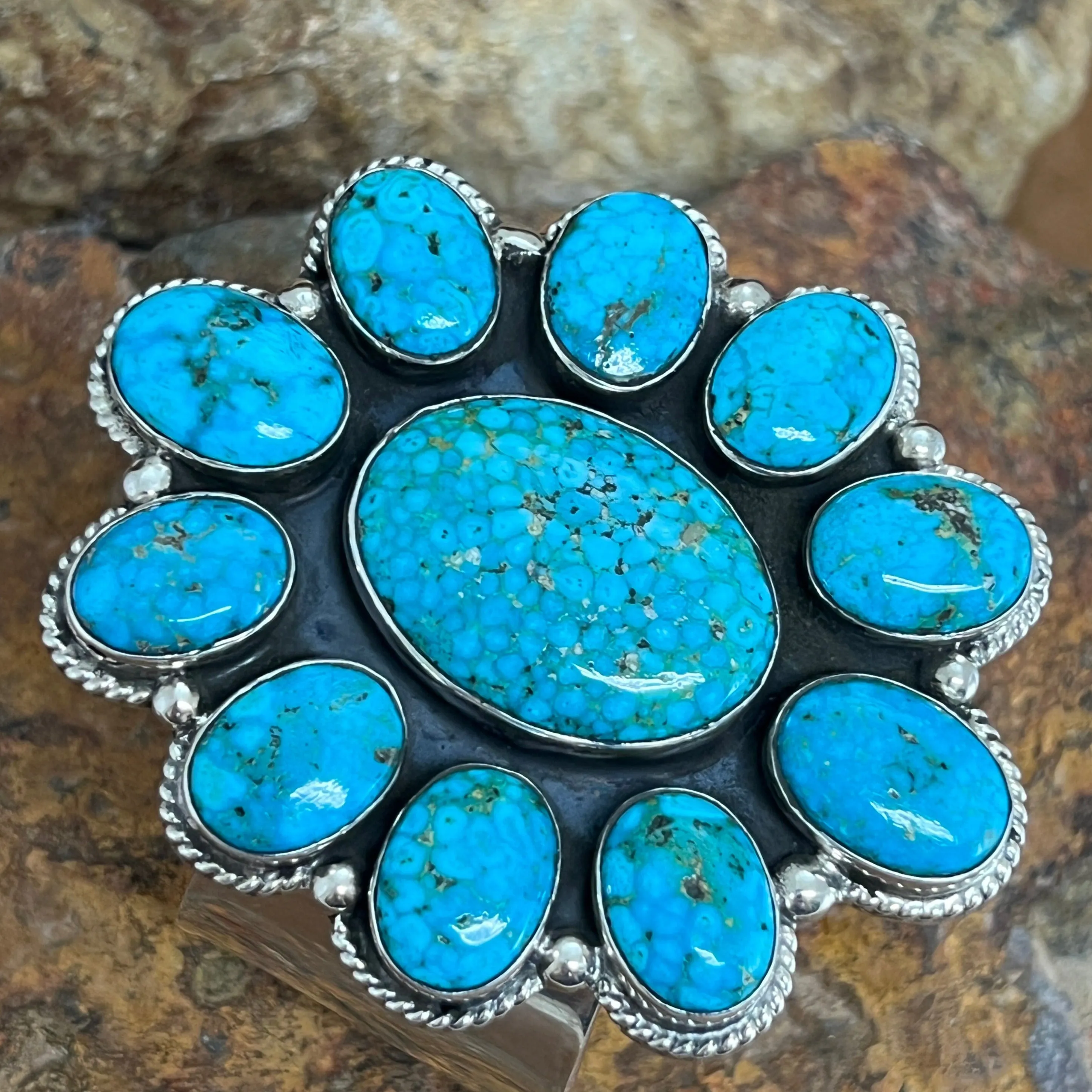 Kingman Web Turquoise Cluster Sterling Silver Bracelet by Billy Jaramillo