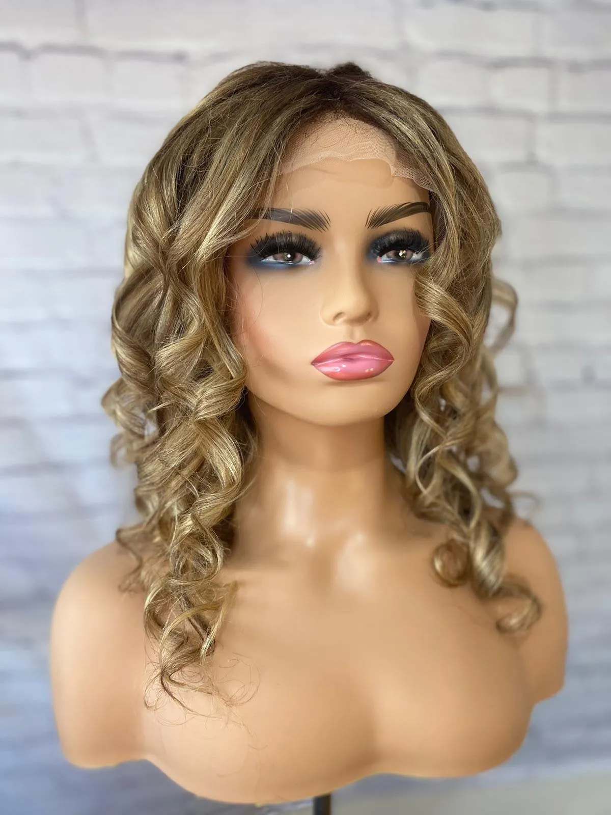 Luxury Caramel Blonde Curly Balayage 100% Human Hair Swiss 13x4 Lace Front Glueless Wig Wavy U-Part, 360 or Full Lace Upgrade Available