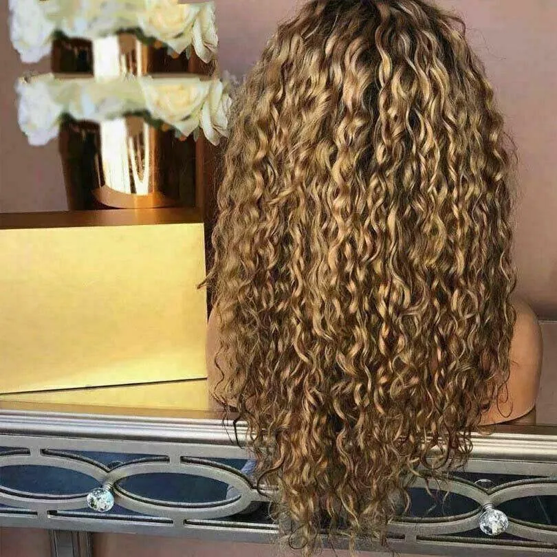 Luxury Curly Wavy Ash Honey Golden Blonde 100% Human Hair Swiss 13x4 Lace Front Glueless Wig U-Part, 360 or Full Lace Upgrade Available