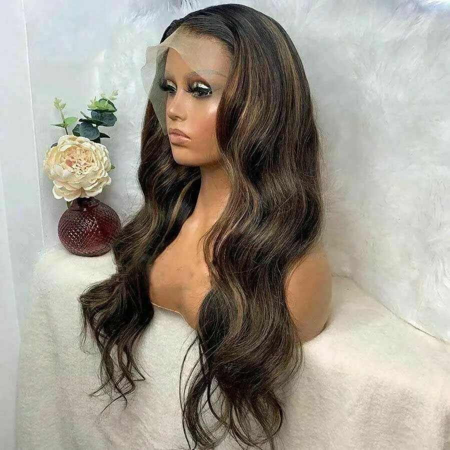 Luxury Dark Ash Brown Balayage Highlight 100% Human Hair Swiss 13x4 Lace Front Wig Wavy Blonde U-Part, 360 or Full Lace Upgrade Available