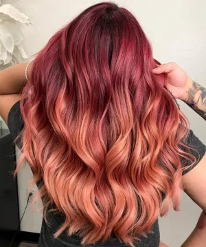 Luxury Hot Fire Red Peachy Pink Balayage 100% Human Hair Swiss 13x4 Lace Front Glueless Wig Wavy U-Part, 360 or Full Lace Upgrade Available