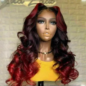 Luxury Ombre Dark Red Burgundy 100% Human Hair Swiss 13x4 Lace Front Glueless Wig Body Wave Colouful U-Part or Full Lace Upgrade Available