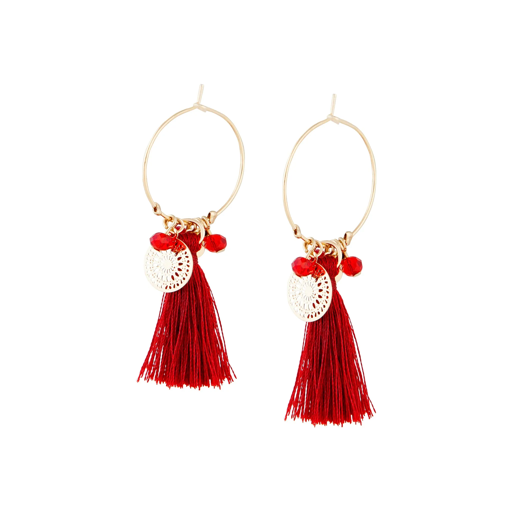 Maroon Hoop Charm Tassel Earrings