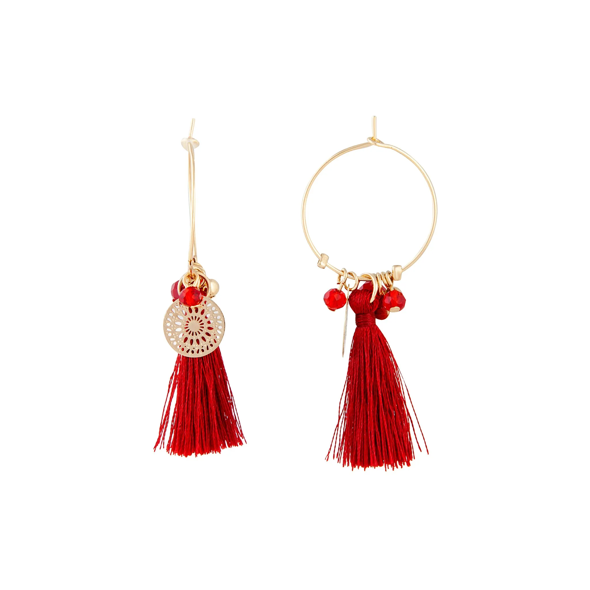 Maroon Hoop Charm Tassel Earrings