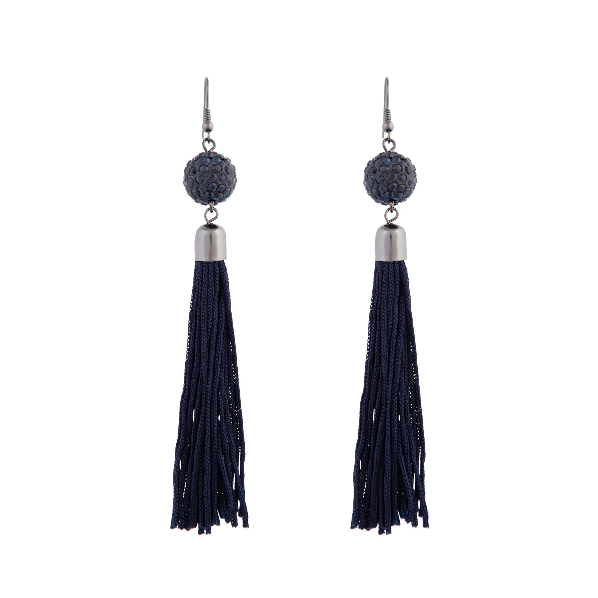 Midnight Blue Tassel Ball Drop Earrings