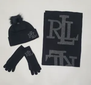 Nwt Lauren Ralph Lauren Black LRL Scarf With Matching Gloves & Skully