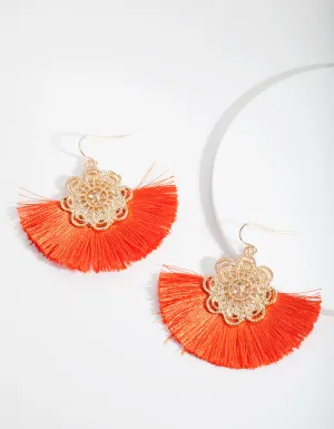 Orange Fan Tassel Earrings