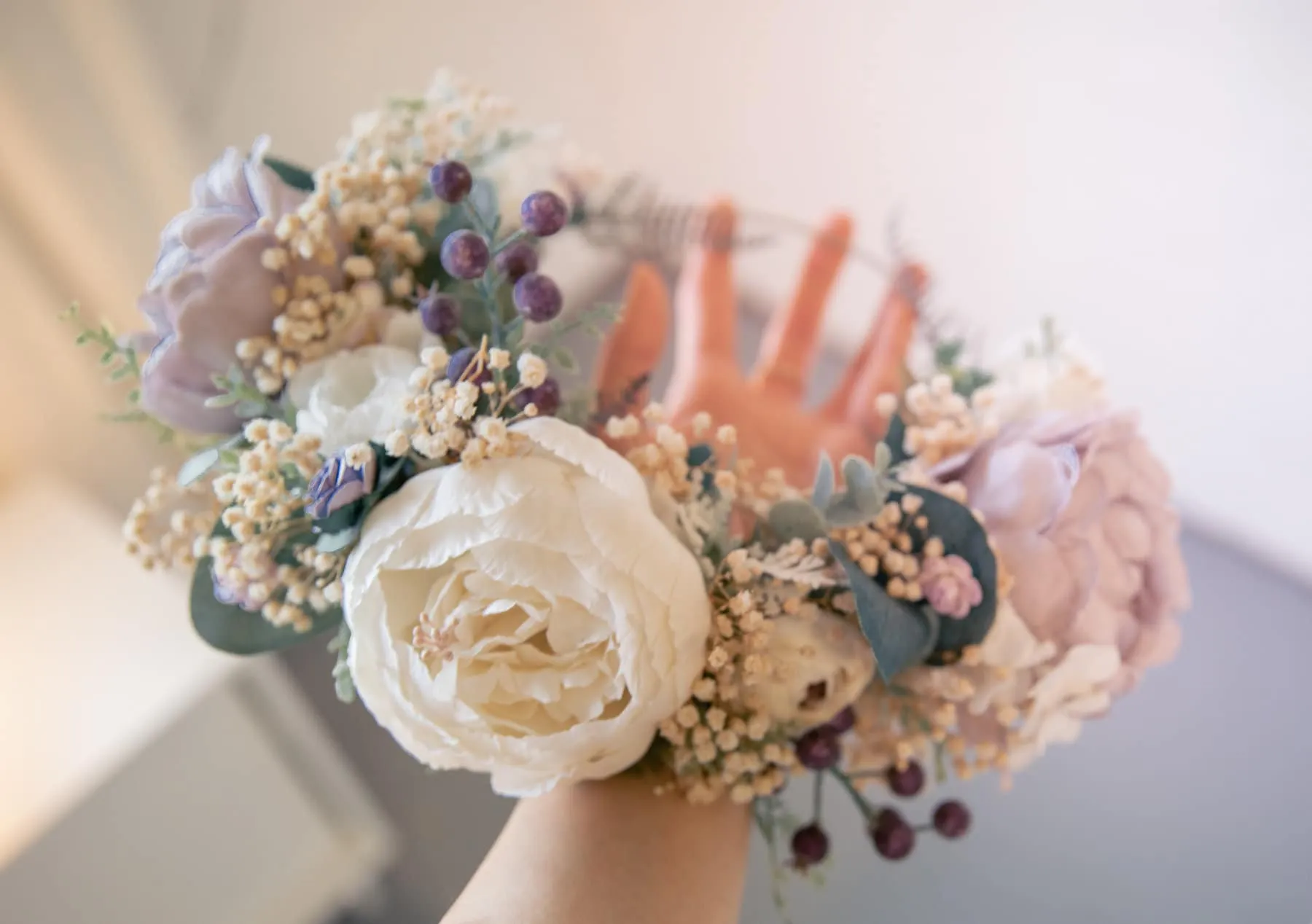 Pastel Boho Flower Crown / Boho Headpiece / Festival Crown / Bridal Crown with dried gypsophilas and artificial peonies