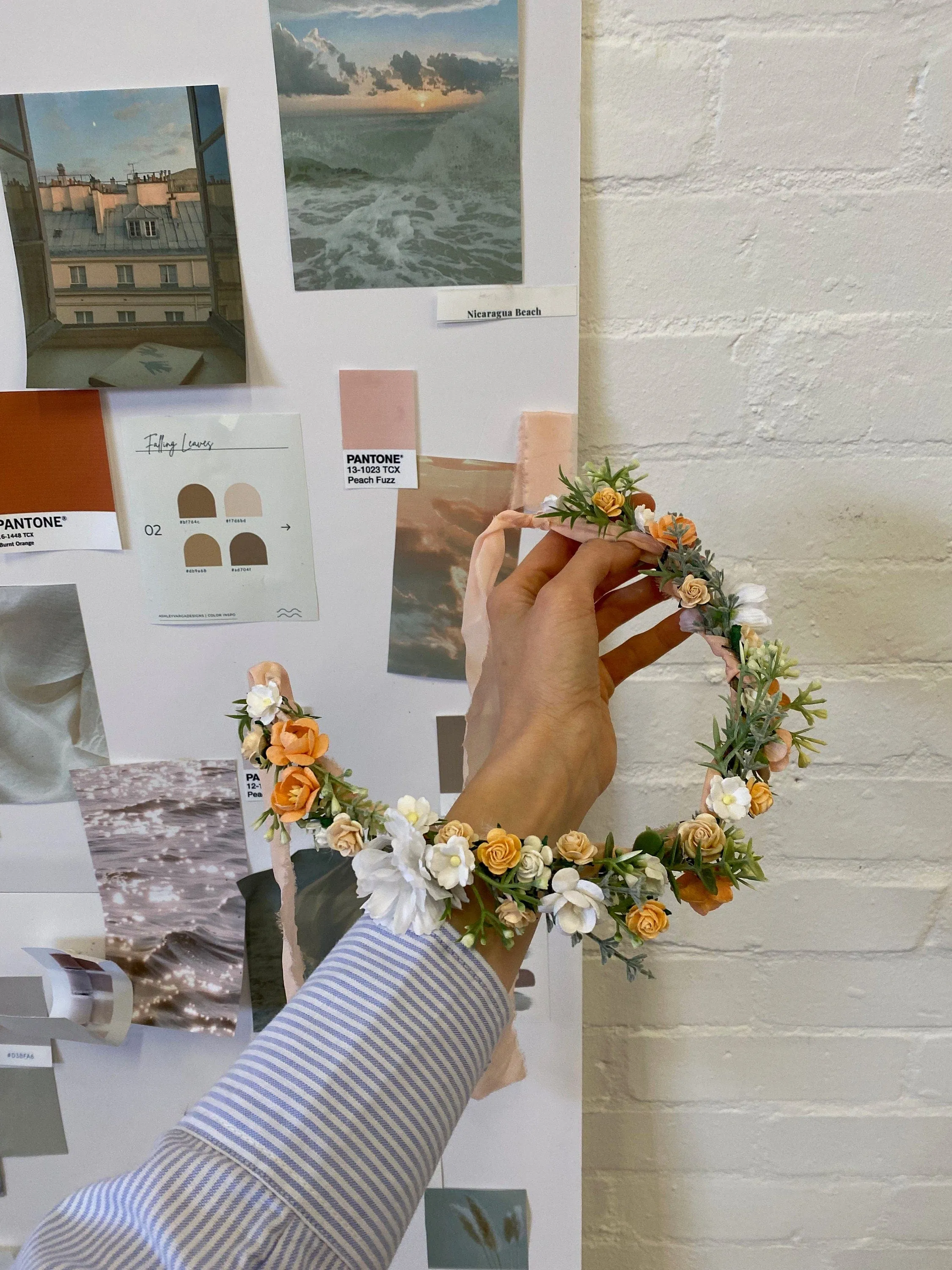 Peach Dainty Flower Crown, Fabric Ribbon, Mullberry Paper Roses,Blush Peach & Cream Roses