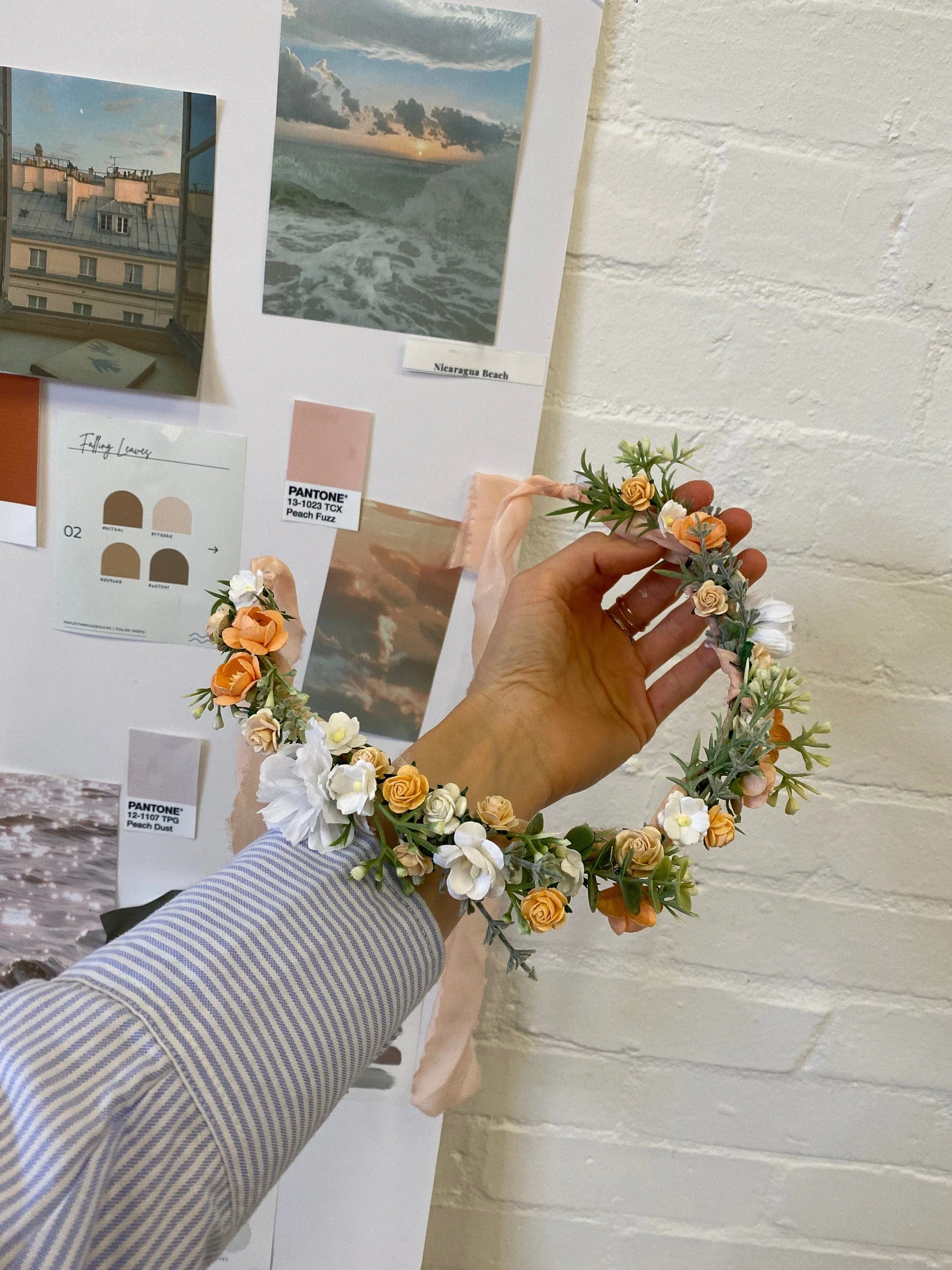 Peach Dainty Flower Crown, Fabric Ribbon, Mullberry Paper Roses,Blush Peach & Cream Roses