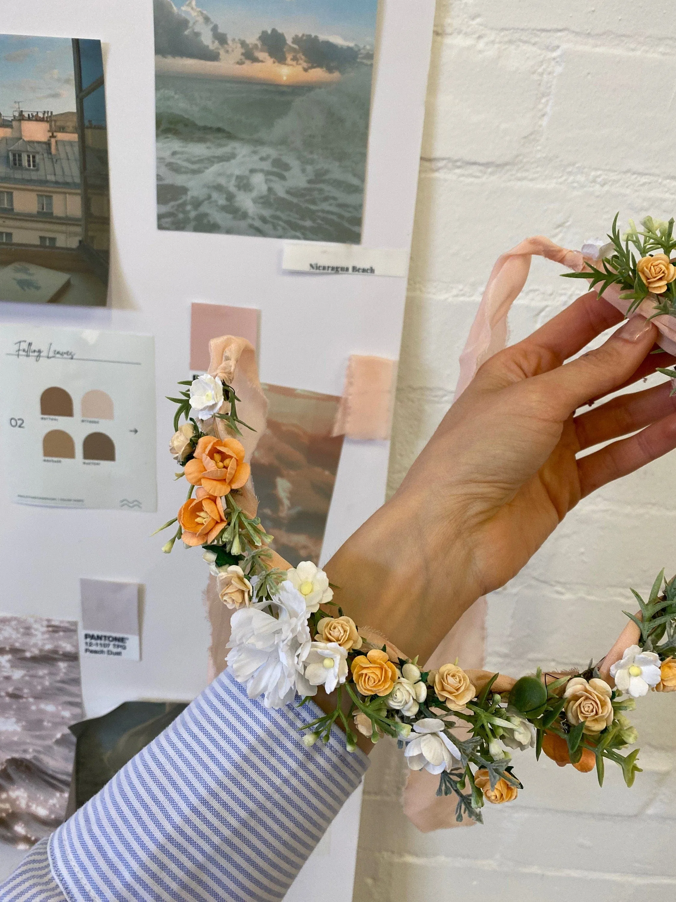 Peach Dainty Flower Crown, Fabric Ribbon, Mullberry Paper Roses,Blush Peach & Cream Roses