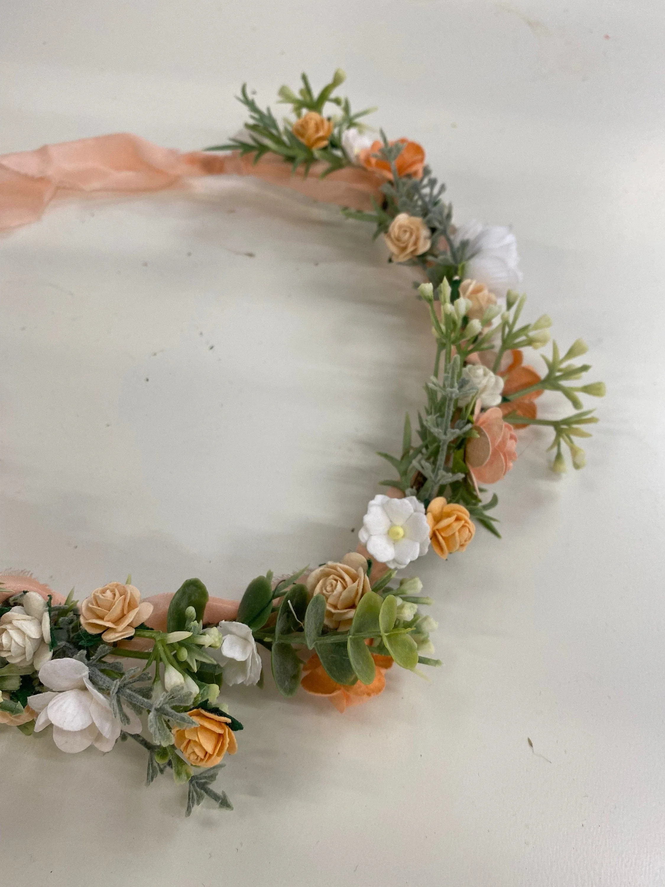 Peach Dainty Flower Crown, Fabric Ribbon, Mullberry Paper Roses,Blush Peach & Cream Roses