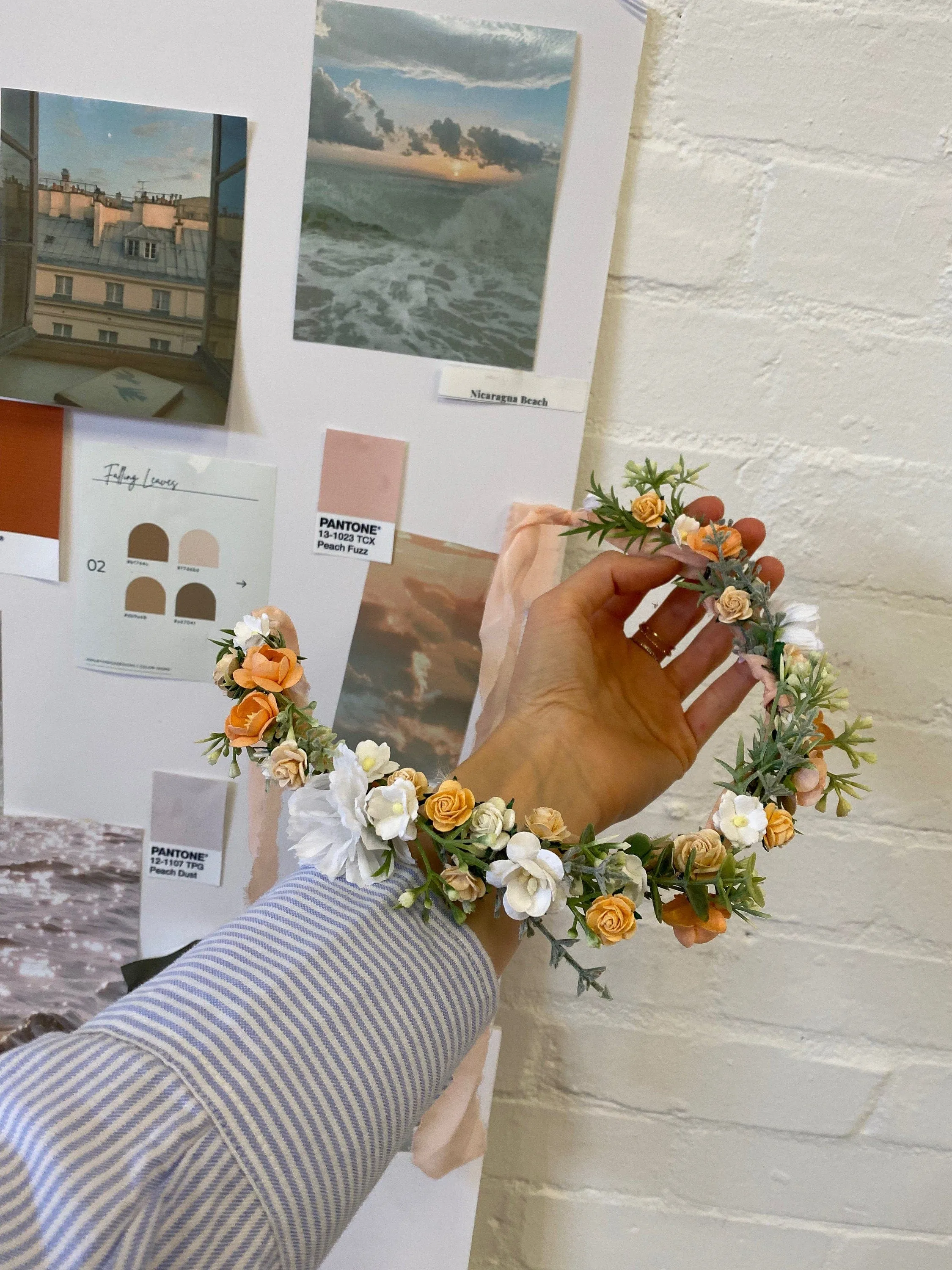 Peach Dainty Flower Crown, Fabric Ribbon, Mullberry Paper Roses,Blush Peach & Cream Roses