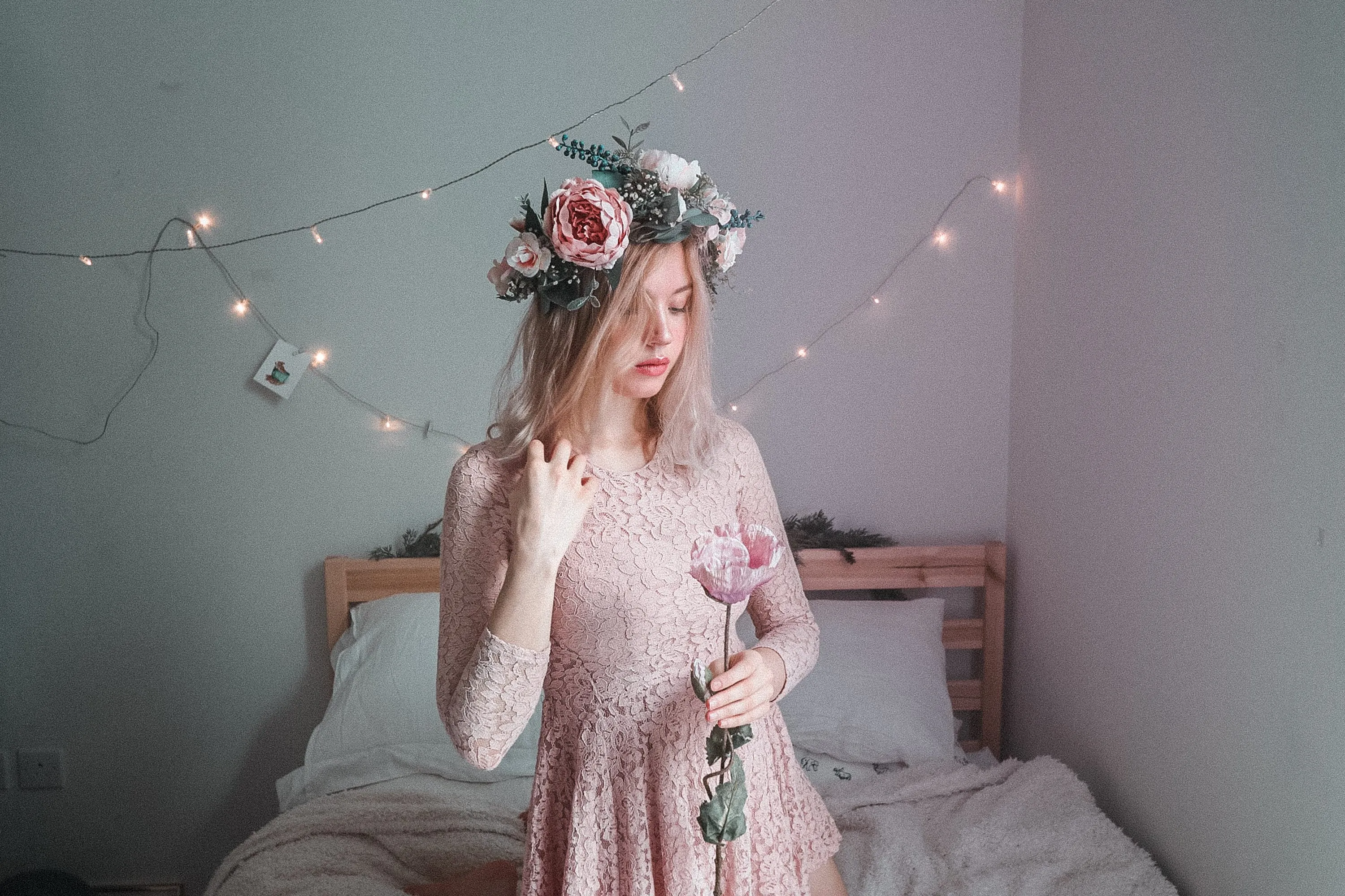 Pink and White Boho Flower Crown / Boho Headpiece / Festival Crown / Bridal Crown with dried gypsophilas and artificial peonies