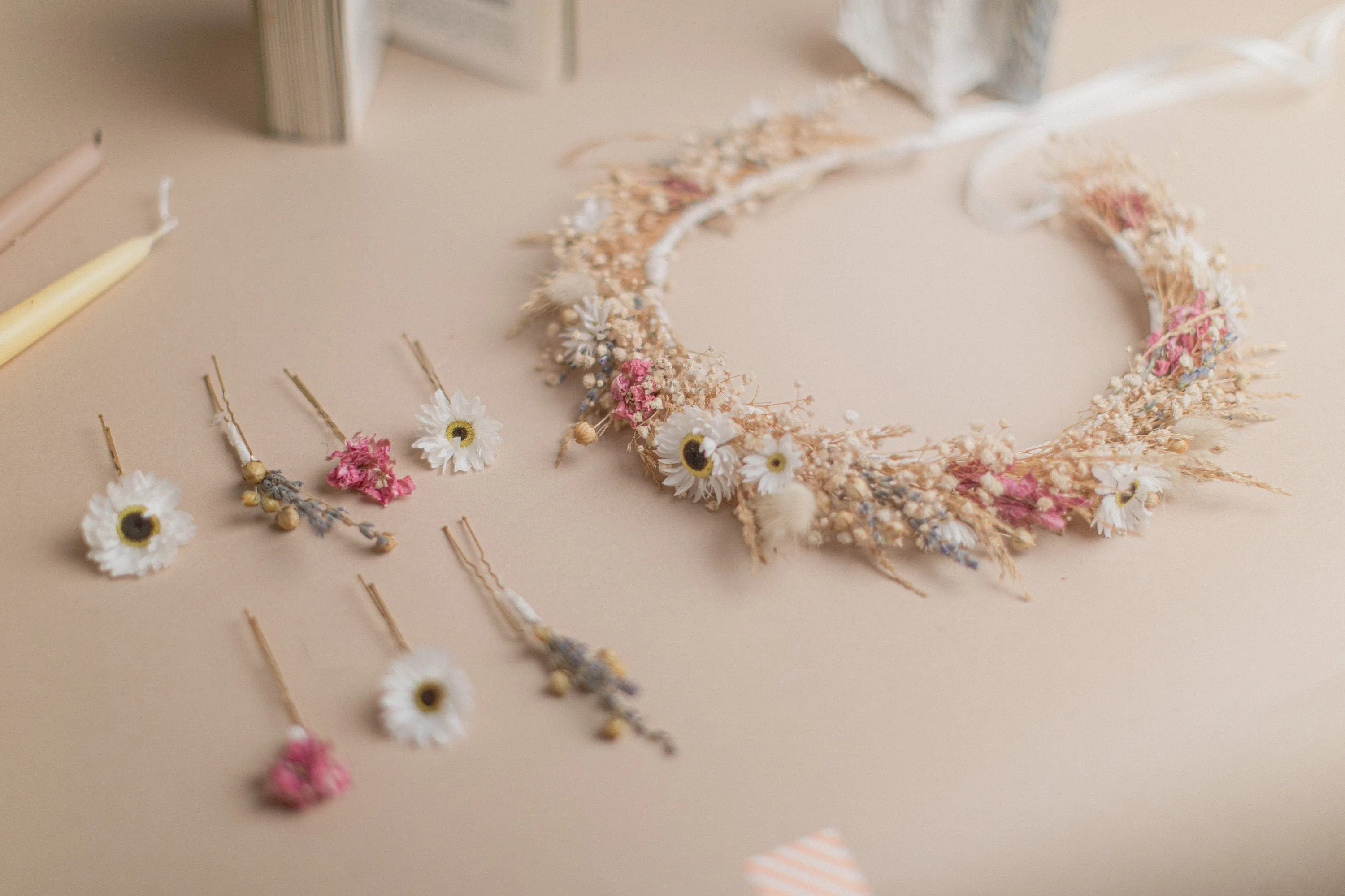 Pinks and Daisies Wildflower Bridal Wedding Crown Set / Boho Bride Wedding