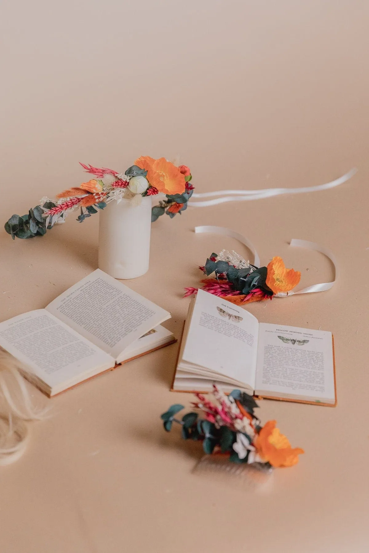 Preserved Eucalyptus Greenery Crown &  Orange Silk Poppy Flower Dried Flowers Boho Bridal Wedding Crown