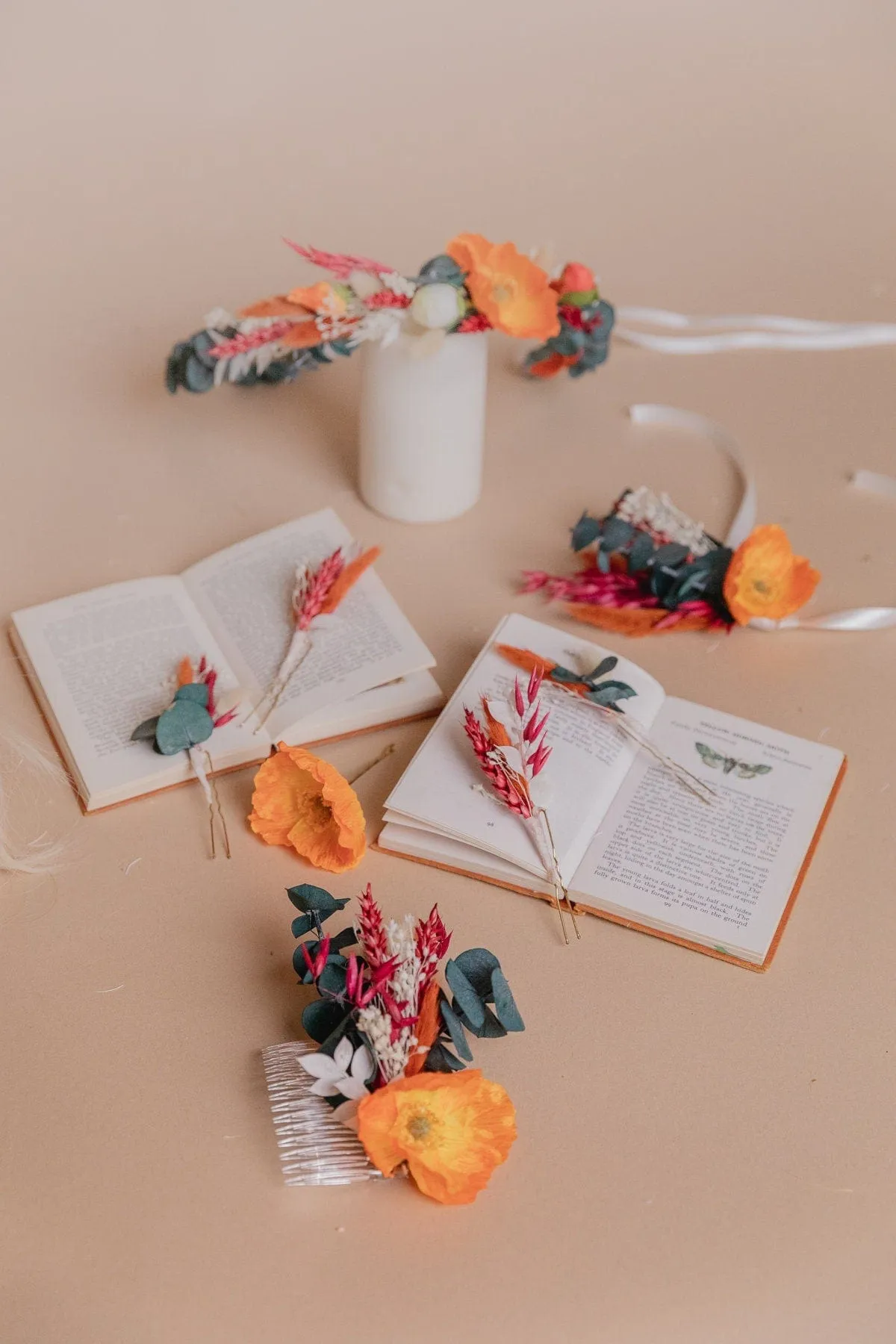 Preserved Eucalyptus Greenery Crown &  Orange Silk Poppy Flower Dried Flowers Boho Bridal Wedding Crown