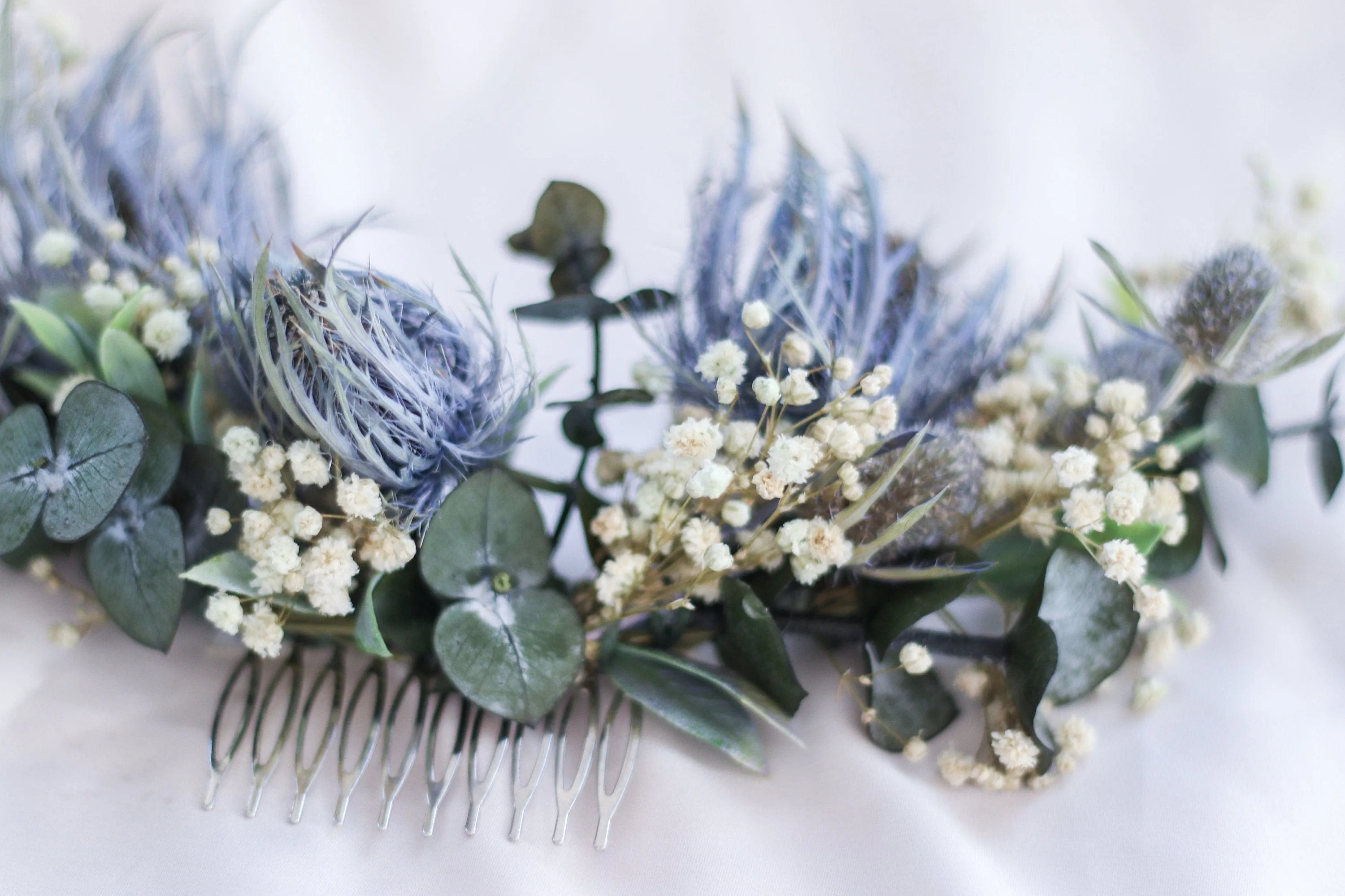 Real Dried Thistle Crown, Dried Eucalyptus and Preserved White Roses with Thistles Crown, Boho Flower Crown , Bridal Crown