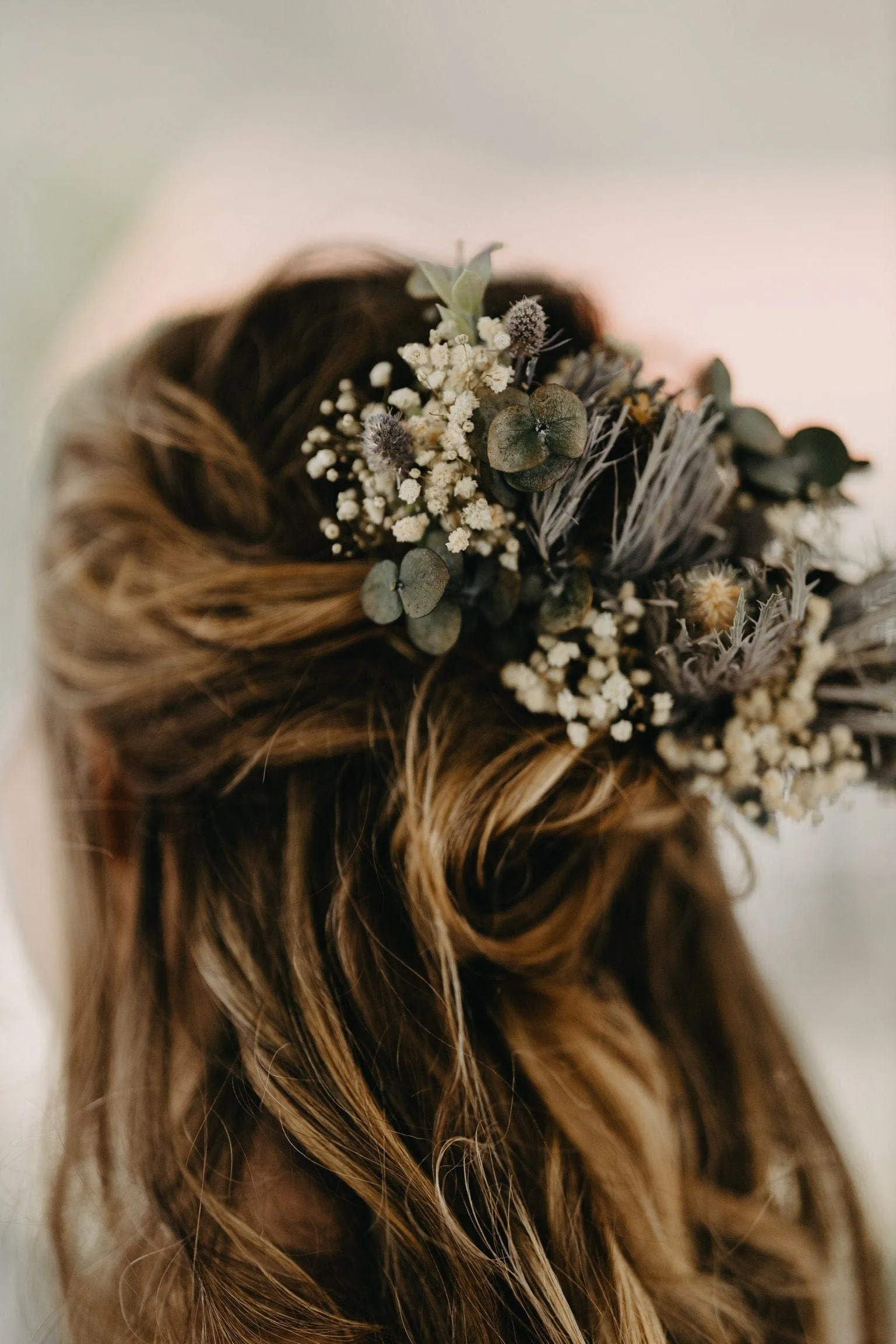 Real Dried Thistle Crown, Dried Eucalyptus and Preserved White Roses with Thistles Crown, Boho Flower Crown , Bridal Crown