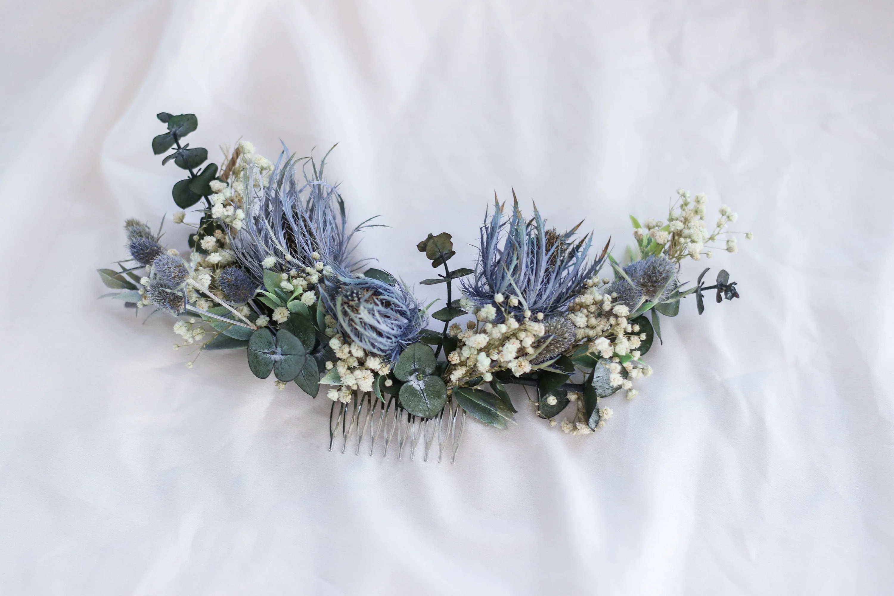 Real Dried Thistle Crown, Dried Eucalyptus and Preserved White Roses with Thistles Crown, Boho Flower Crown , Bridal Crown