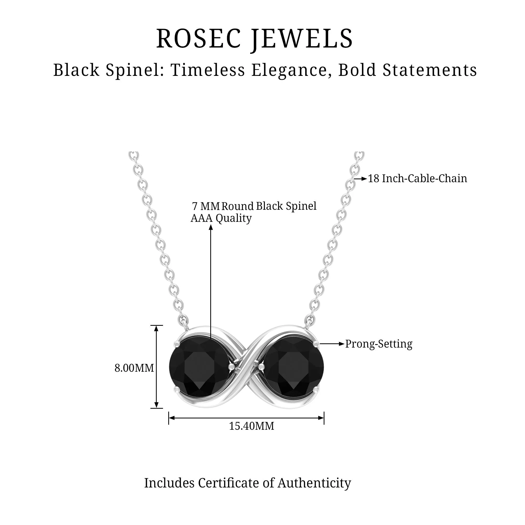 Round Black Spinel Two Stone Infinity Necklace