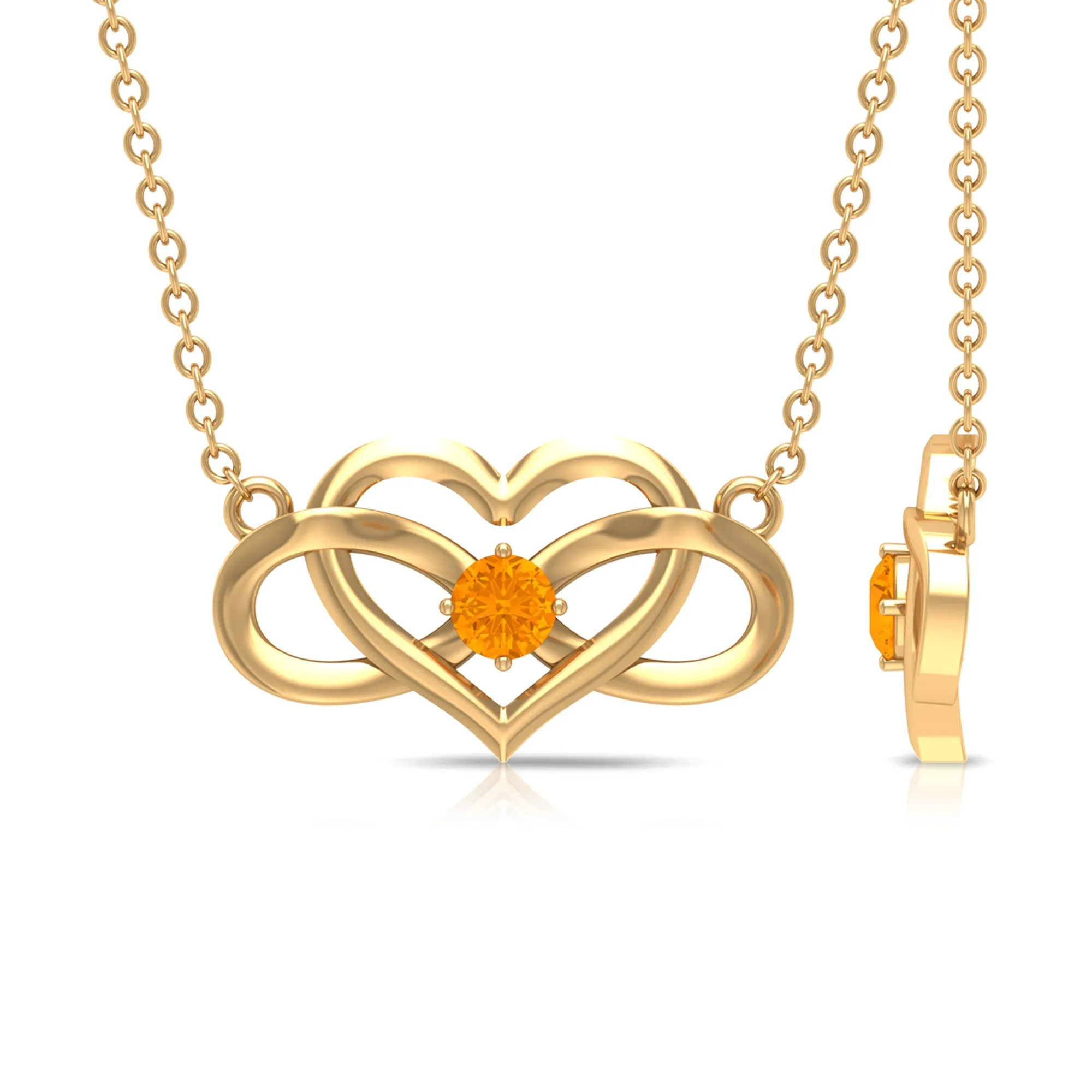 Round Shape Orange Sapphire and Gold Infinity Heart Necklace in Prong Setting