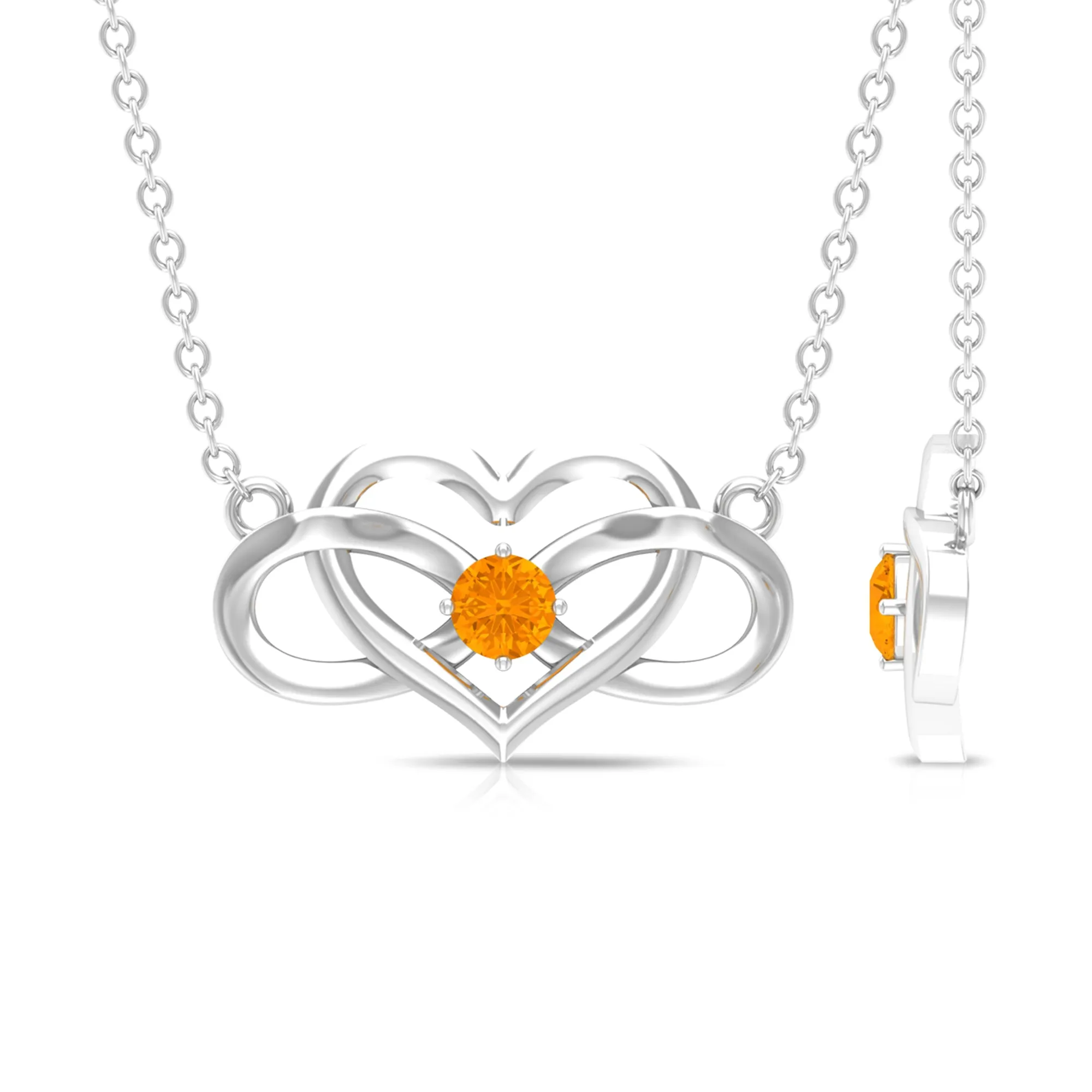 Round Shape Orange Sapphire and Gold Infinity Heart Necklace in Prong Setting