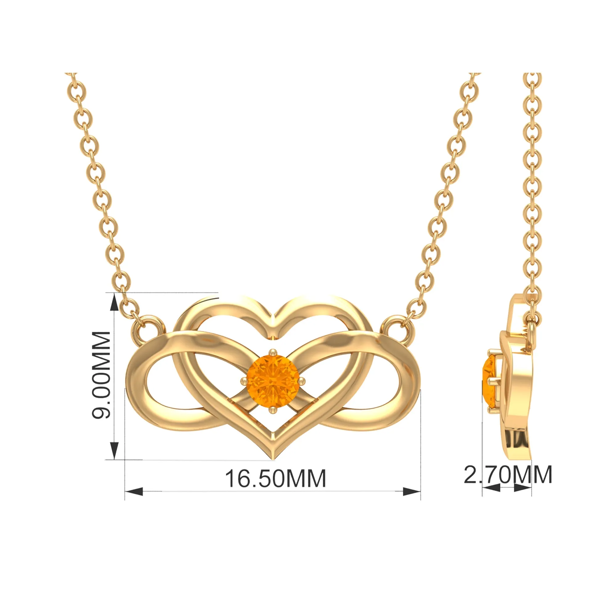 Round Shape Orange Sapphire and Gold Infinity Heart Necklace in Prong Setting