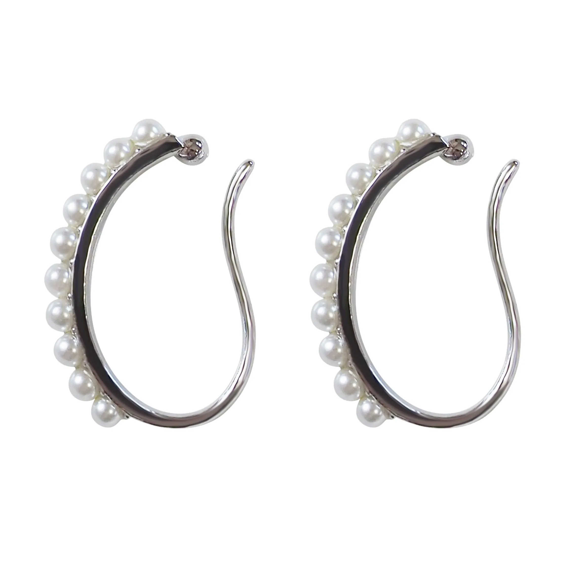 Silver Pearl HoopEar Cuff Clip On Earrings