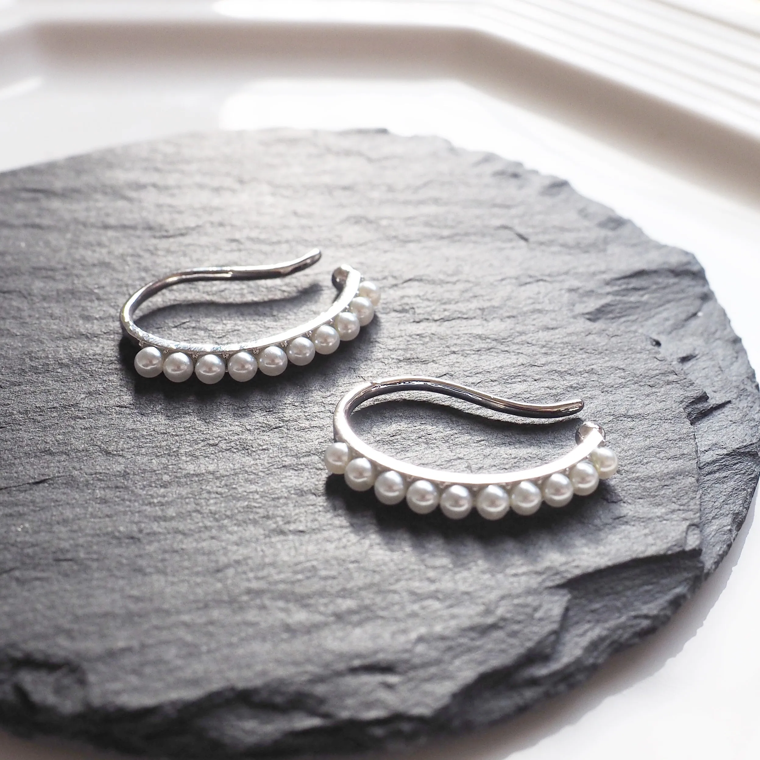 Silver Pearl HoopEar Cuff Clip On Earrings