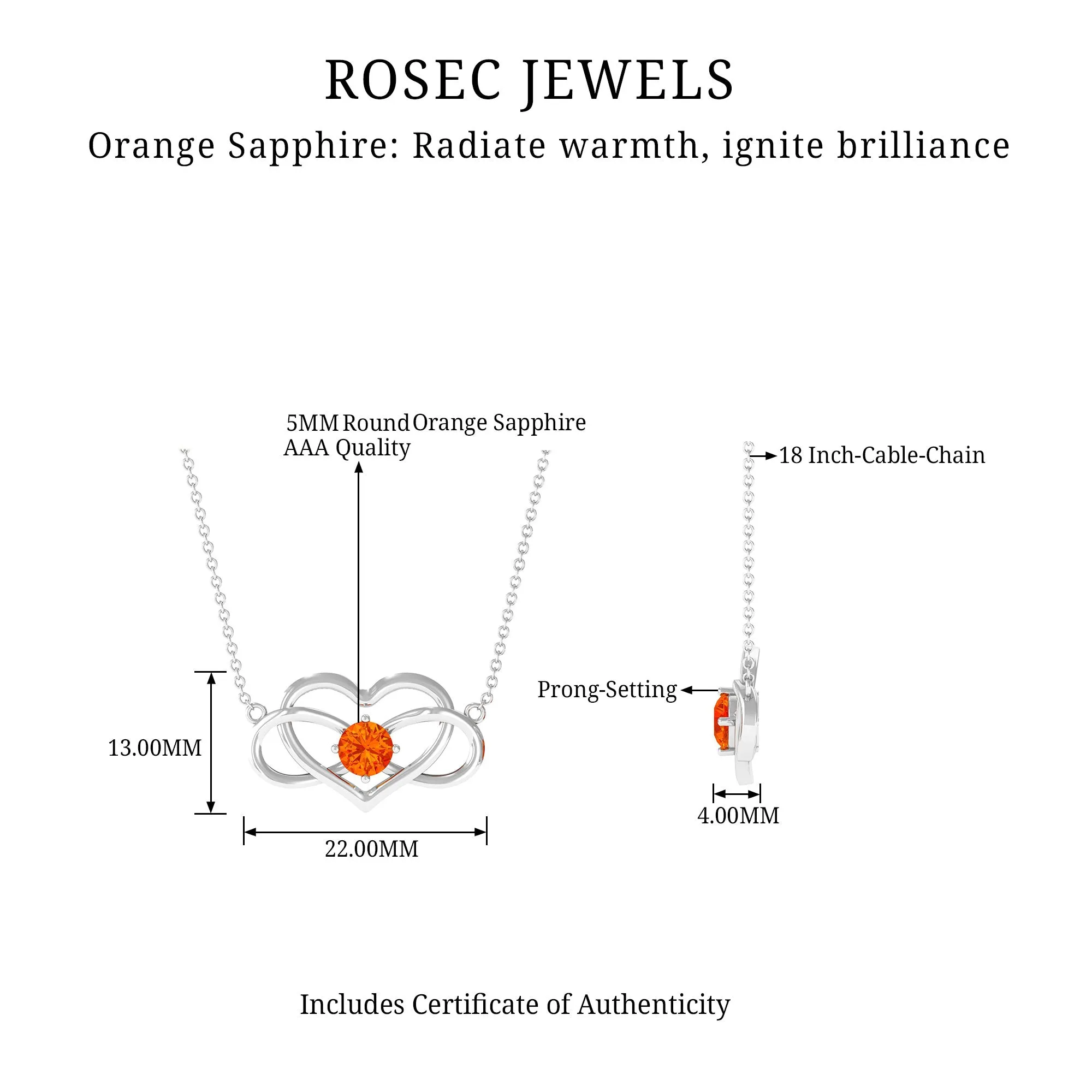 Solitaire Orange Sapphire Infinity Heart Necklace