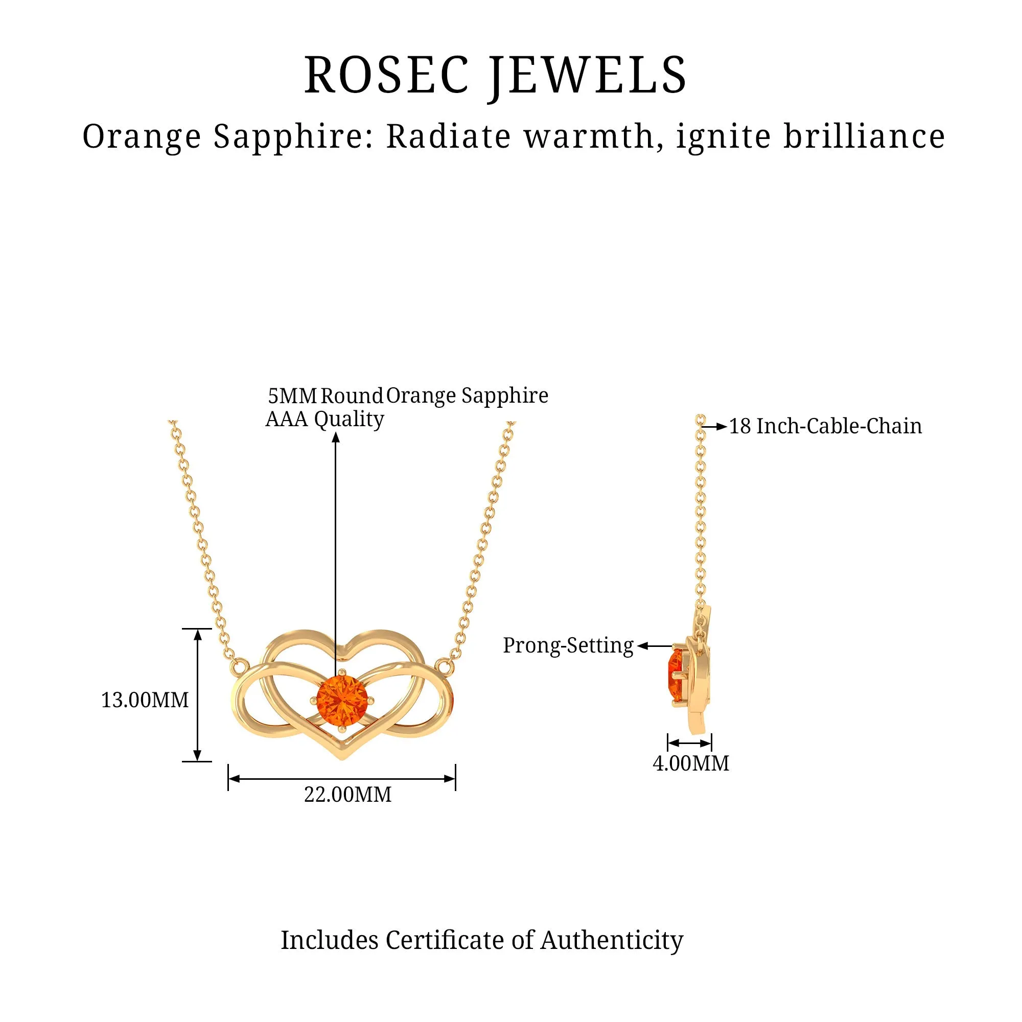 Solitaire Orange Sapphire Infinity Heart Necklace