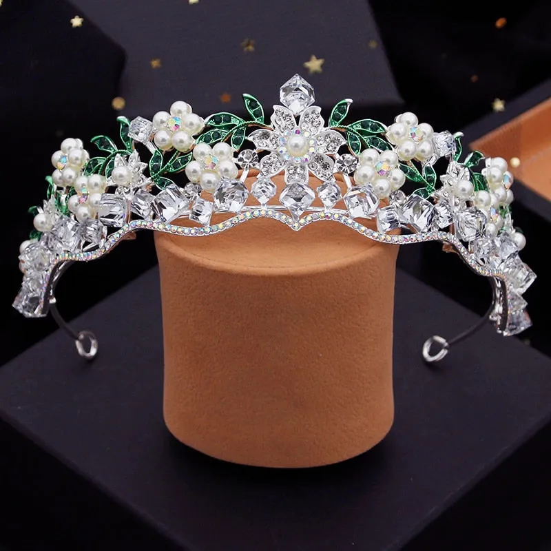 Square Pearl Crystal Flower Tiara Crowns Birthday Party Hair Jewelry