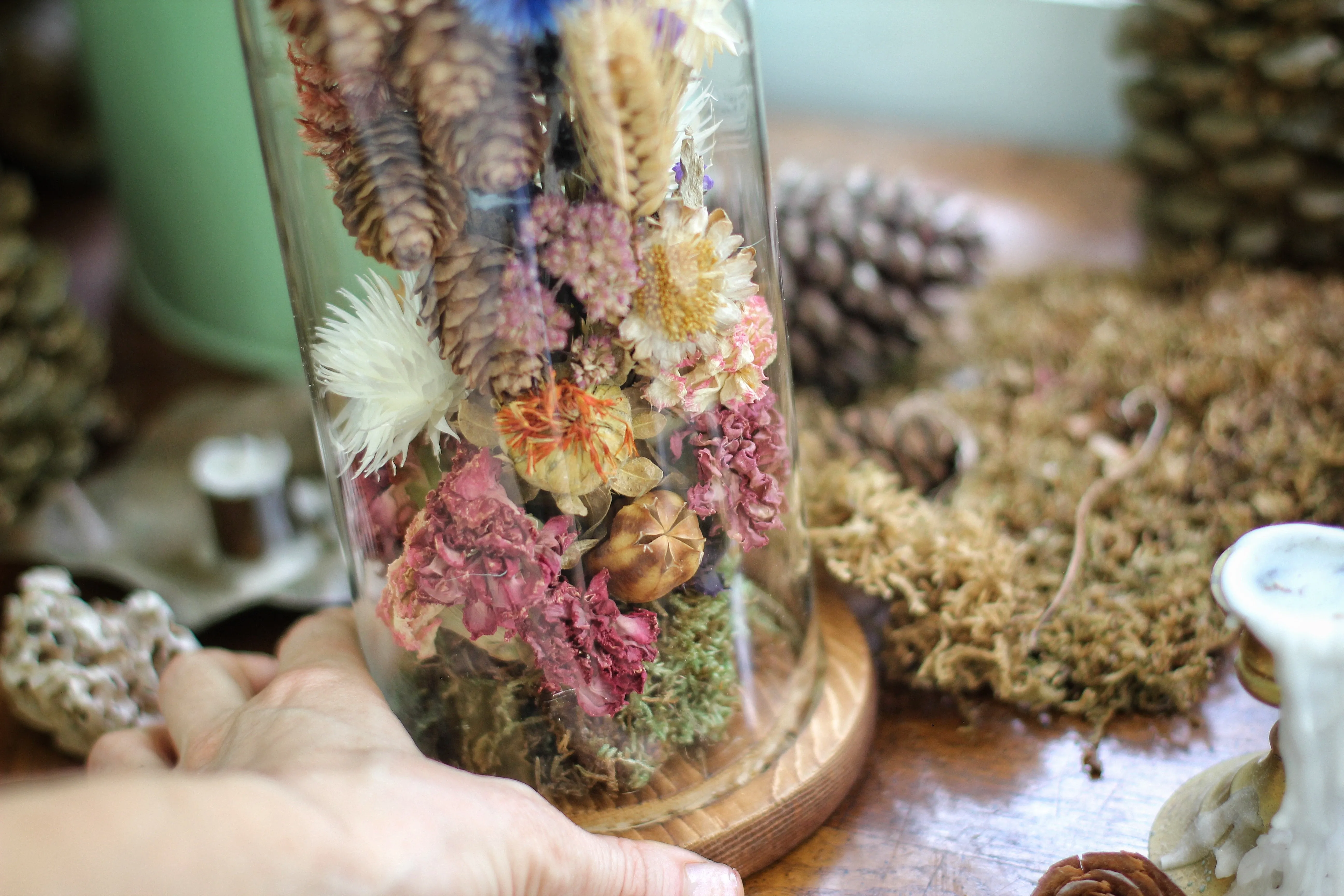 Tall Large Dried Flowers Glass Dome / Cloche