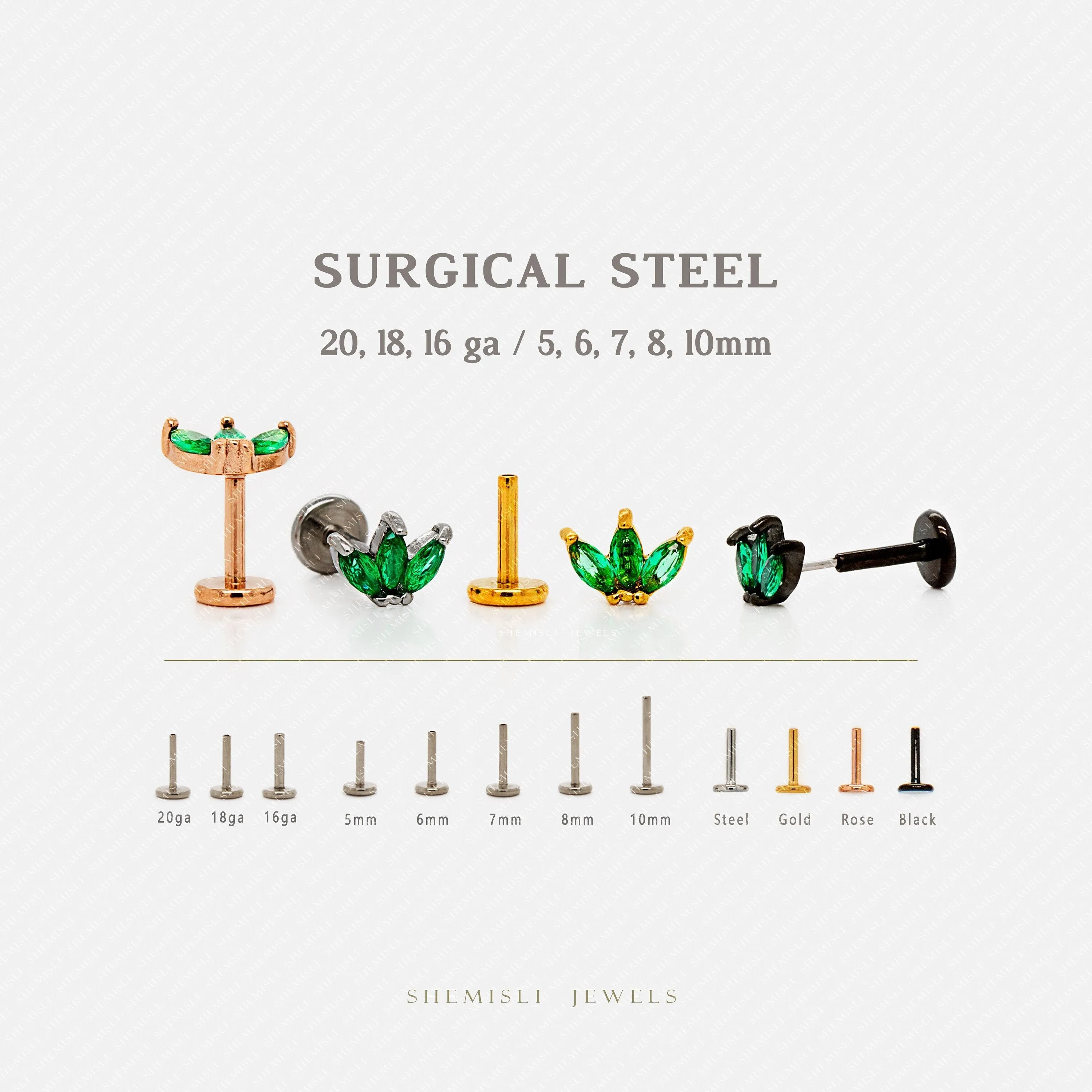 Tiny 3 Leaf Emerald Threadless Flat Back Nose Stud, 20,18,16ga, 5-10mm, Unisex, Surgical Steel, SHEMISLI SS550