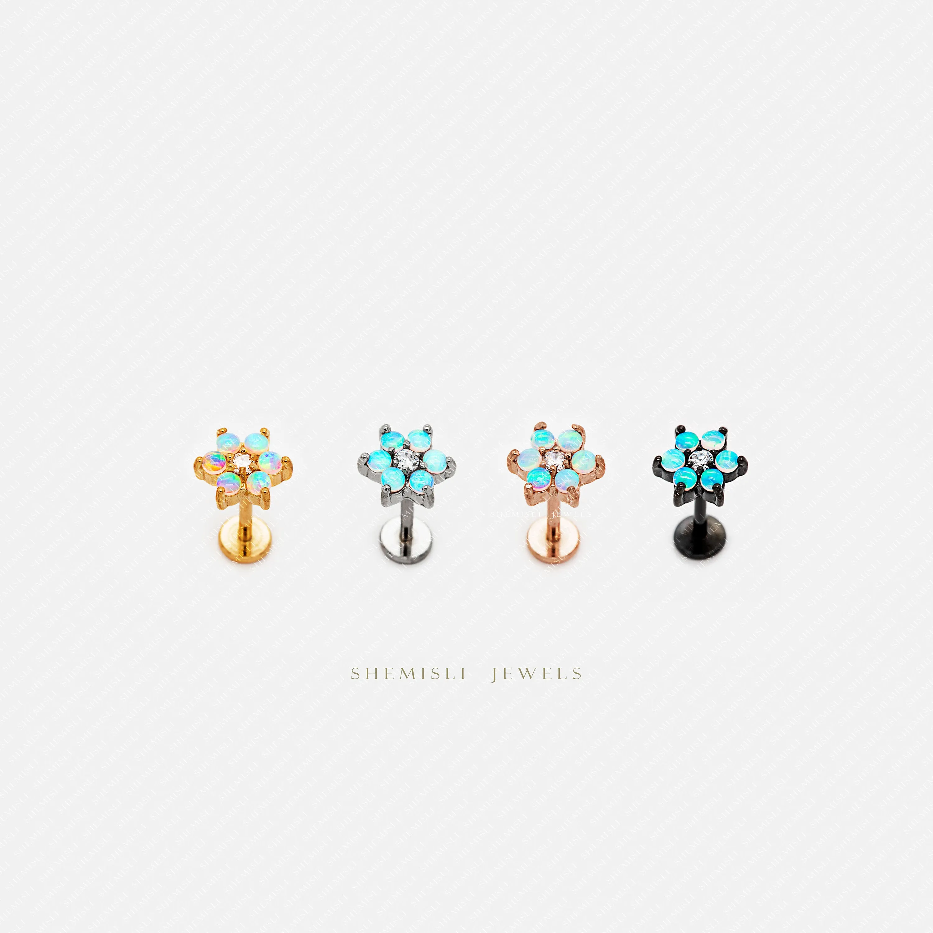 Tiny 6 Petal Opal Stone Threadless Flat Back Nose Stud, 20,18,16ga, 5-10mm, Unisex, Surgical Steel, SHEMISLI SS559