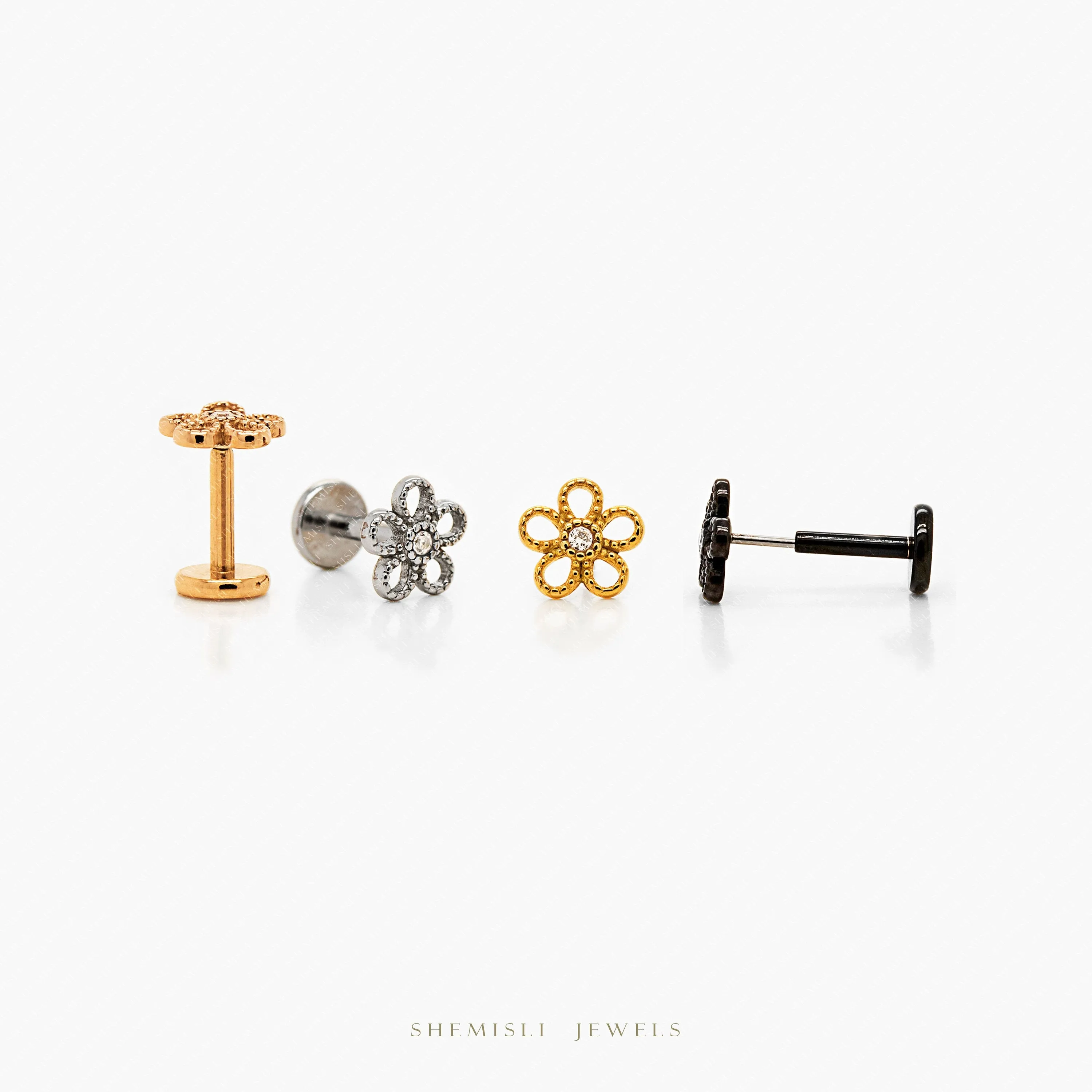 Tiny Open Flower Threadless Flat Back Nose Stud, 20,18,16ga, 5-10mm Unisex, Surgical Steel SHEMISLI SS731