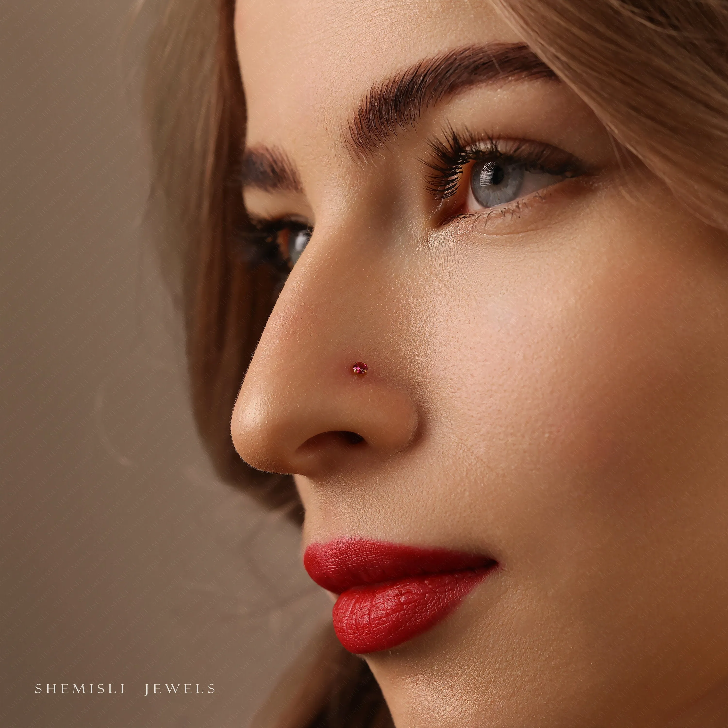 Tiny Ruby Threadless Flat Back Nose Stud, July Birthstone, 20,18,16ga, 5-10mm, Unisex, Surgical Steel SHEMISLI SS615