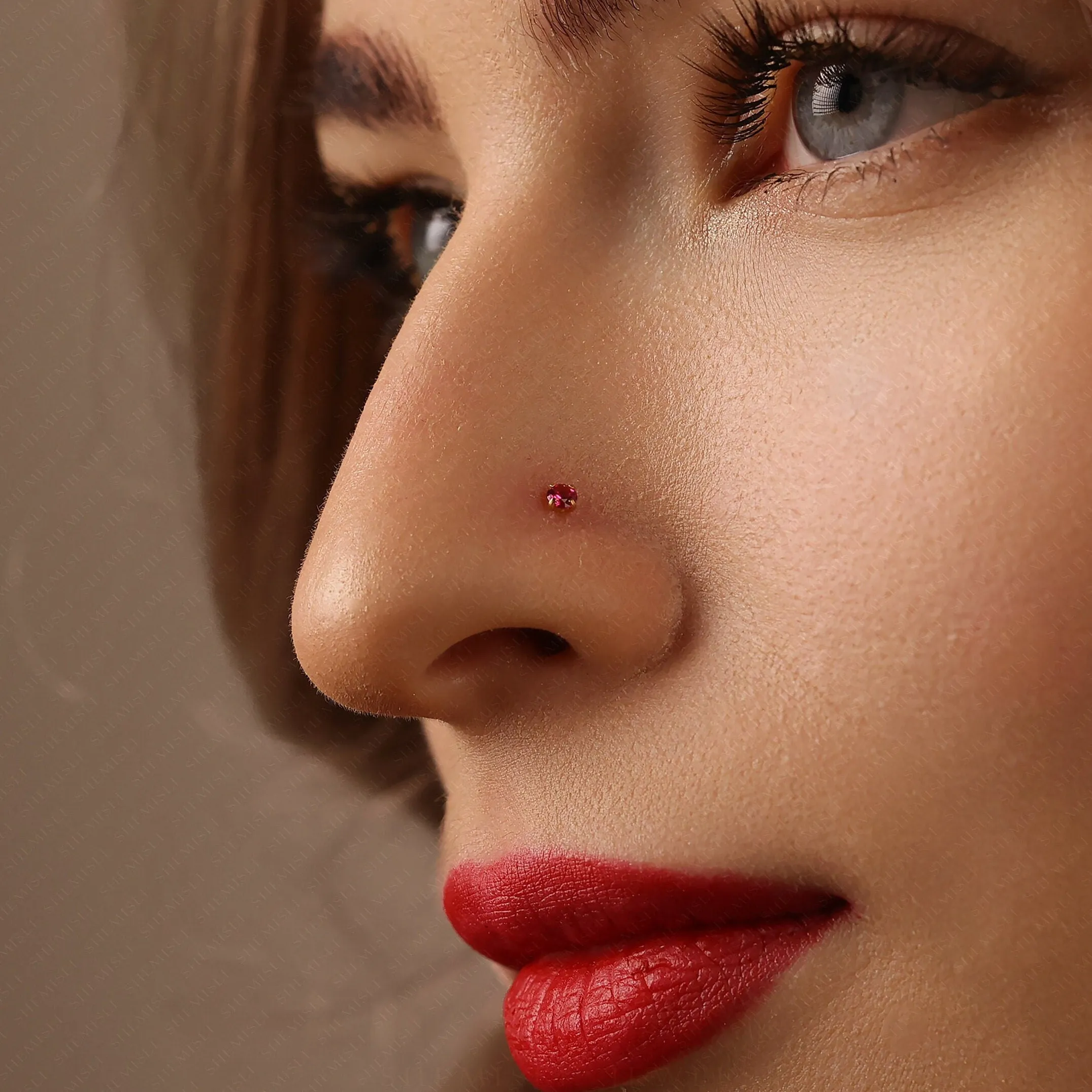 Tiny Ruby Threadless Flat Back Nose Stud, July Birthstone, 20,18,16ga, 5-10mm, Unisex, Surgical Steel SHEMISLI SS615