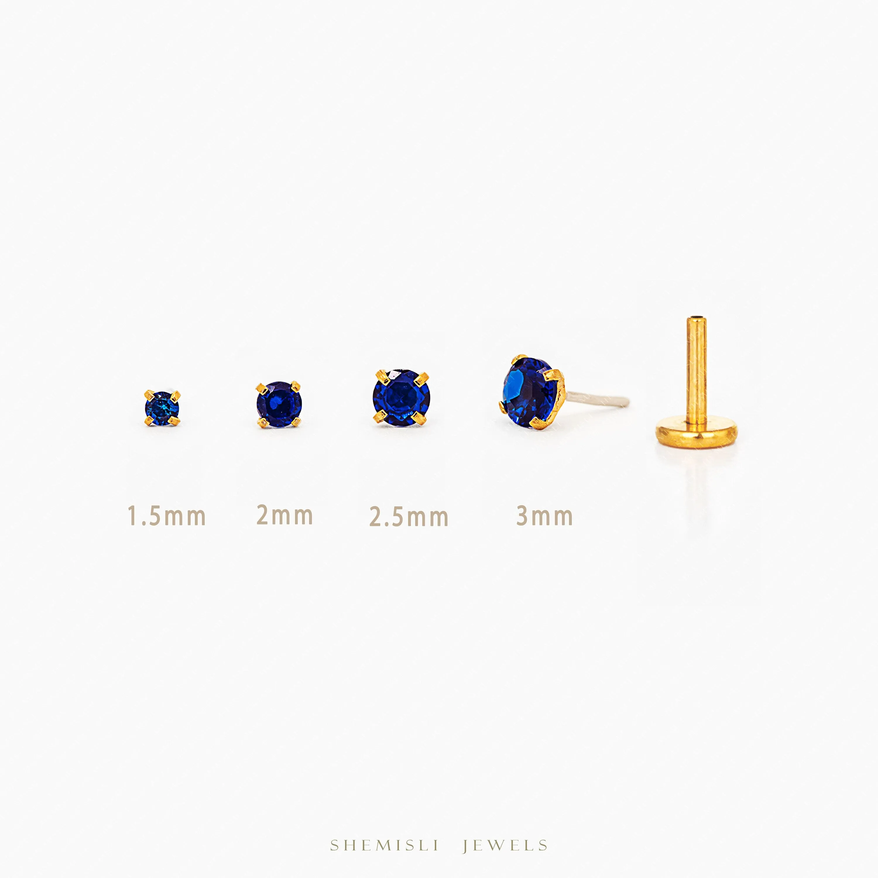 Tiny Sapphire Threadless Flat Back Nose Stud, September Birthstone, 20,18,16ga, 5-10mm, Unisex, Surgical Steel SS517