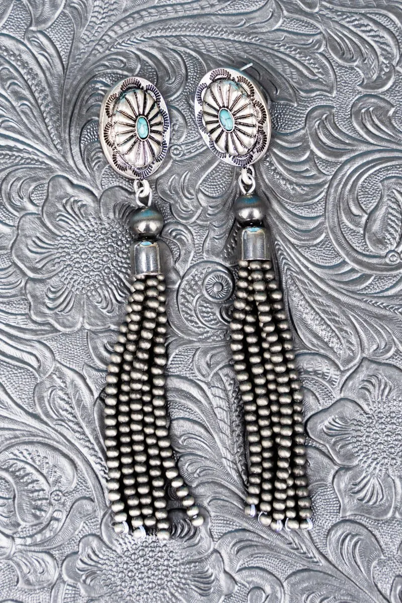 Turquoise Concho Beaded Tassel Earrings