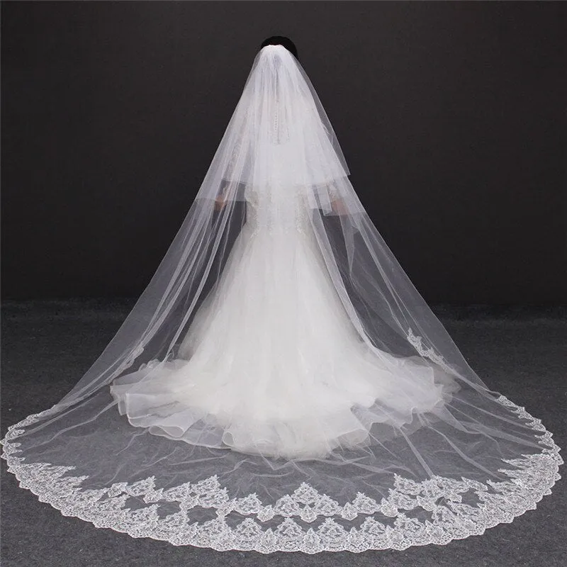 Two Tier Blusher - Face Cover- Shining Cathedral Wedding Veil Sequined Lace with Comb