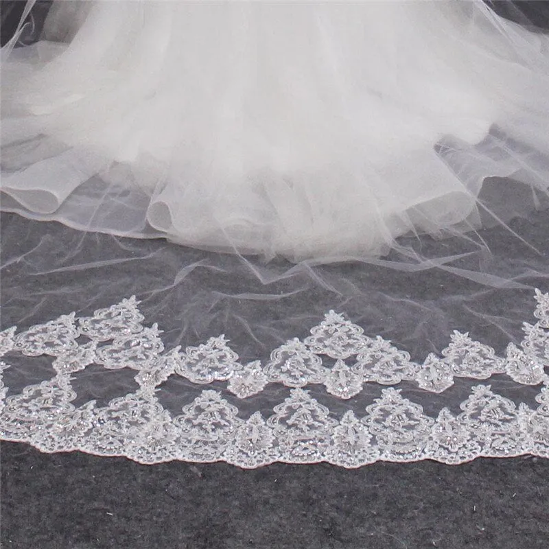 Two Tier Blusher - Face Cover- Shining Cathedral Wedding Veil Sequined Lace with Comb