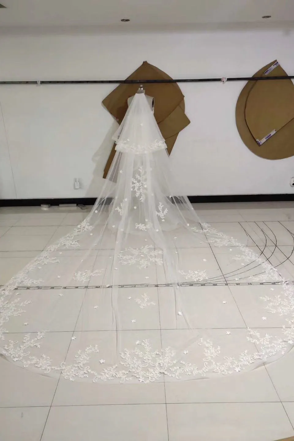 Two Tiers Ivory Lace Appliqued Cathedral Length Tulle Wedding Veil, Charming Bridal Veil V038