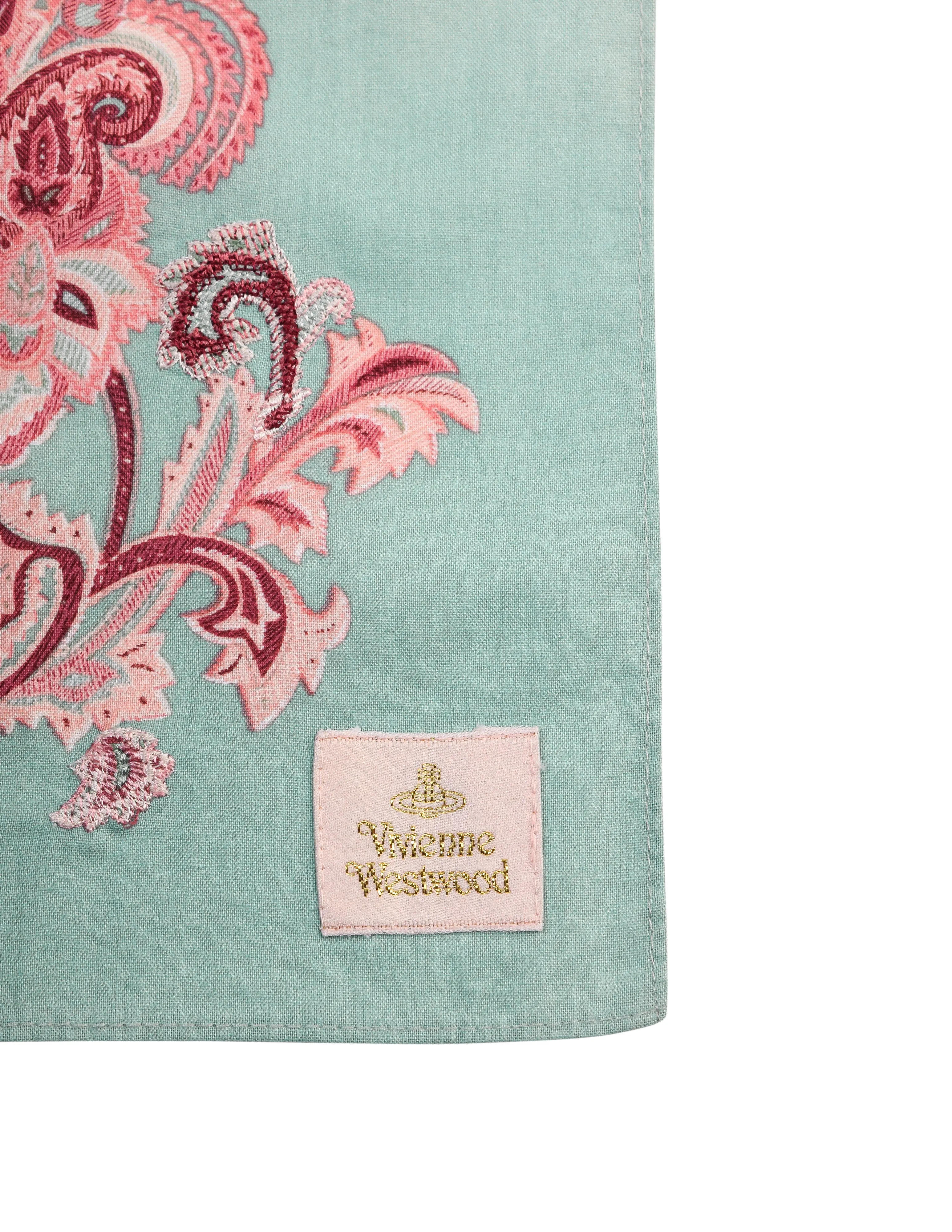 Vivienne Westwood Vintage 1990s Pink and Mint Embroidered Paisley Damask Cotton Scarf