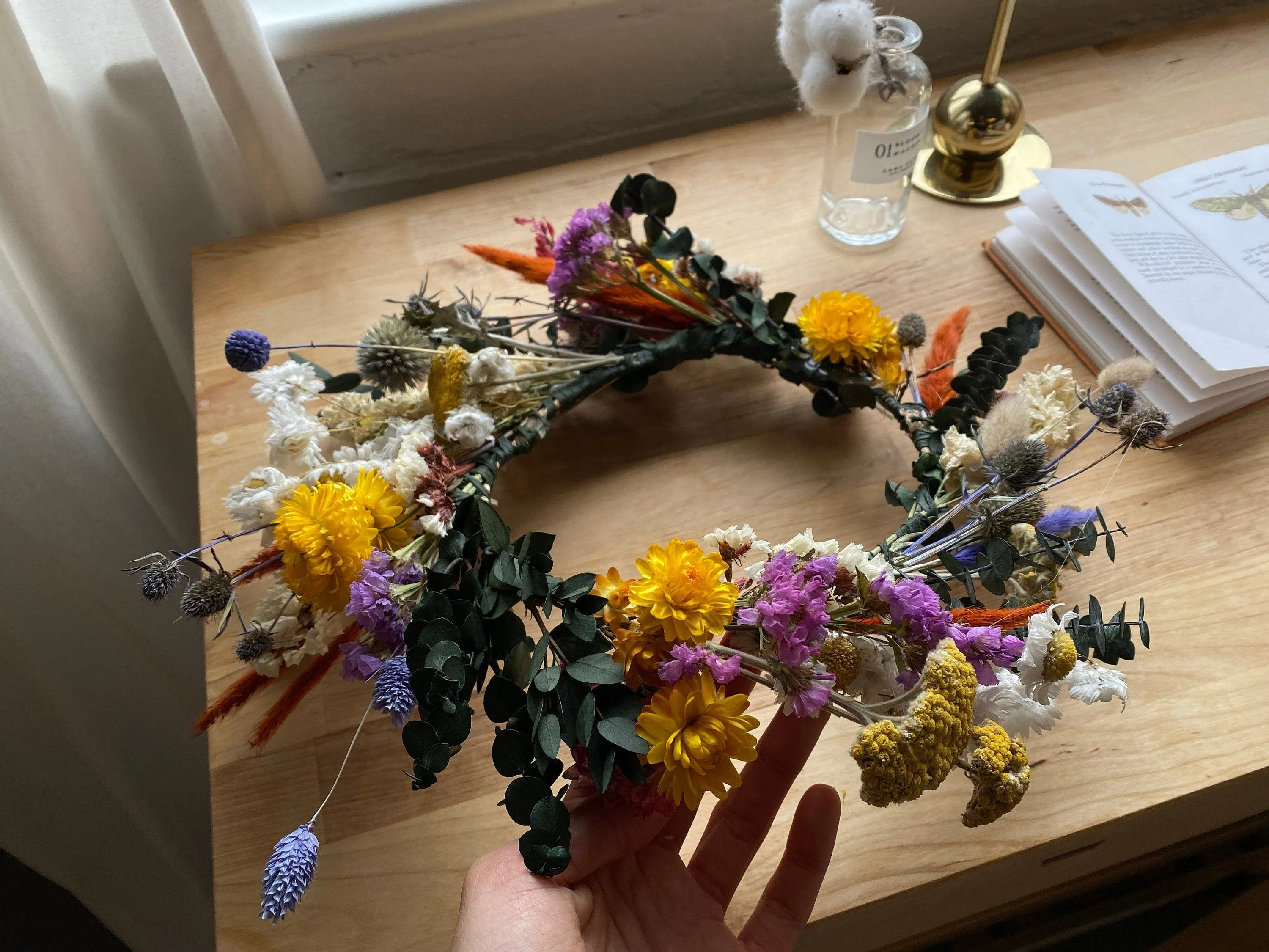 Wildflower Eucalyptus, Daisies & Scottish Thistle Dried Flower Crown / Colourful Bridal Crown / Wedding Flower Crown